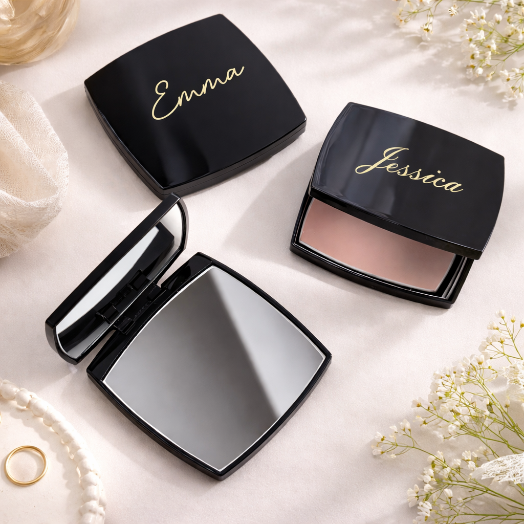 Monogrammed Makeup Mirror - Personalized Black Square Compact with Engraved Name