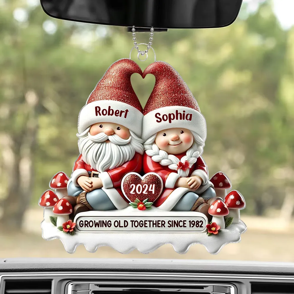 3D Effect Gnome Couple Personalized Acrylic Car Hanger Ornament, Valentine's Gift For Him, For Her, Husband, Wife