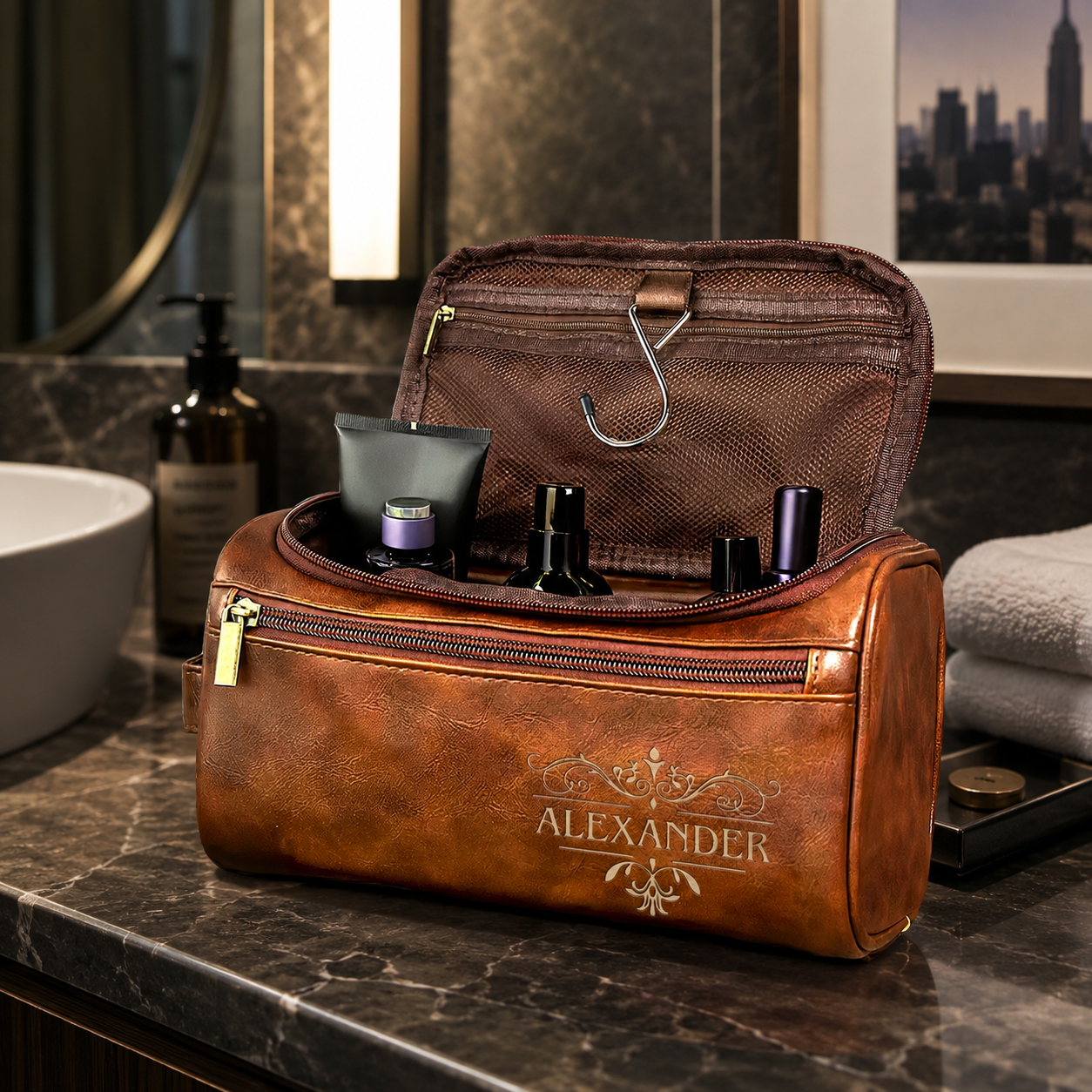 Personalized Leather Toiletry Bag - Custom Engraved, For The Man Always On The Move, Birthday Gift for Dad Brother Grandpa Husband