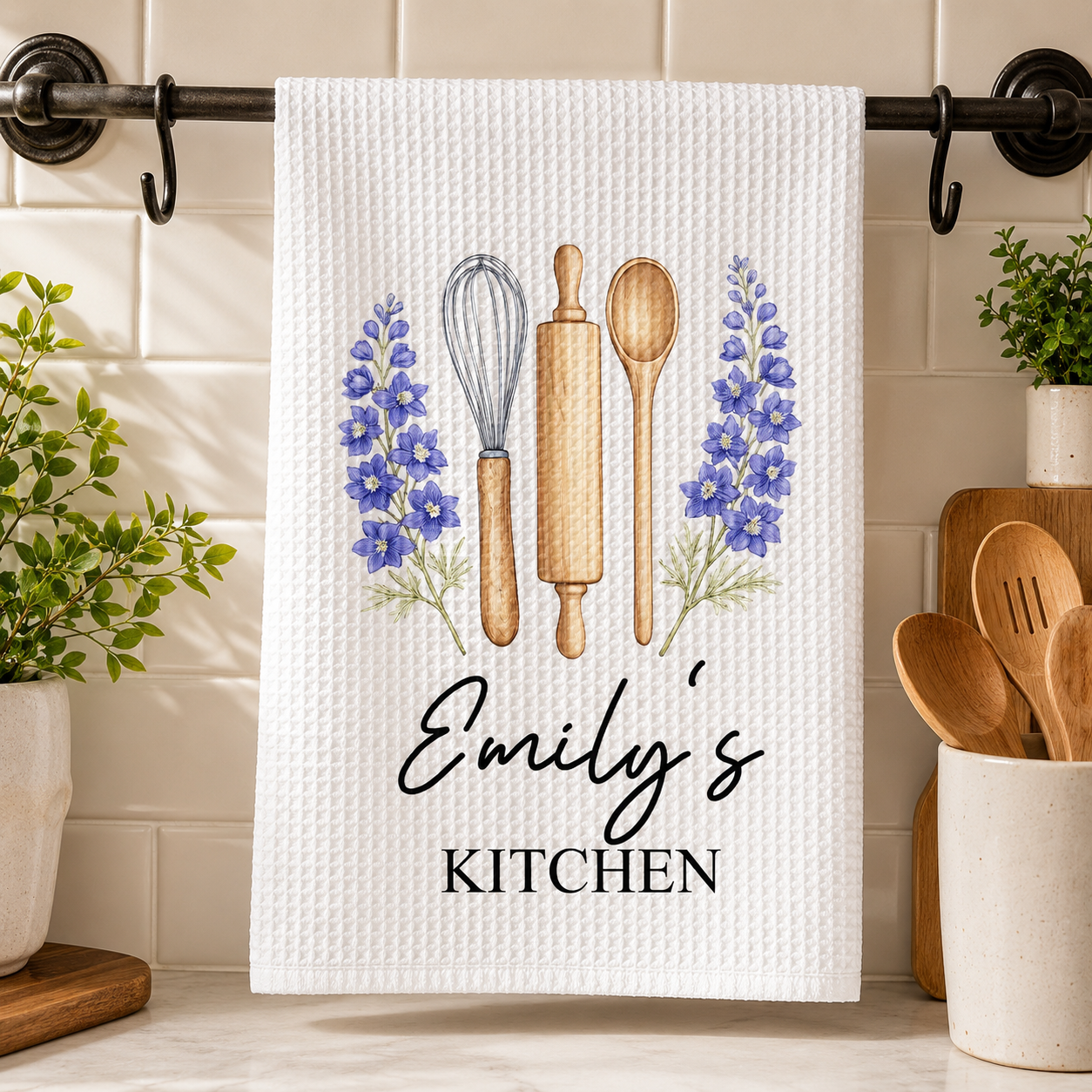 Personalized Birth Flower Kitchen Towel - Custom Month Flower with Name, Gift for Her Grandma Mom