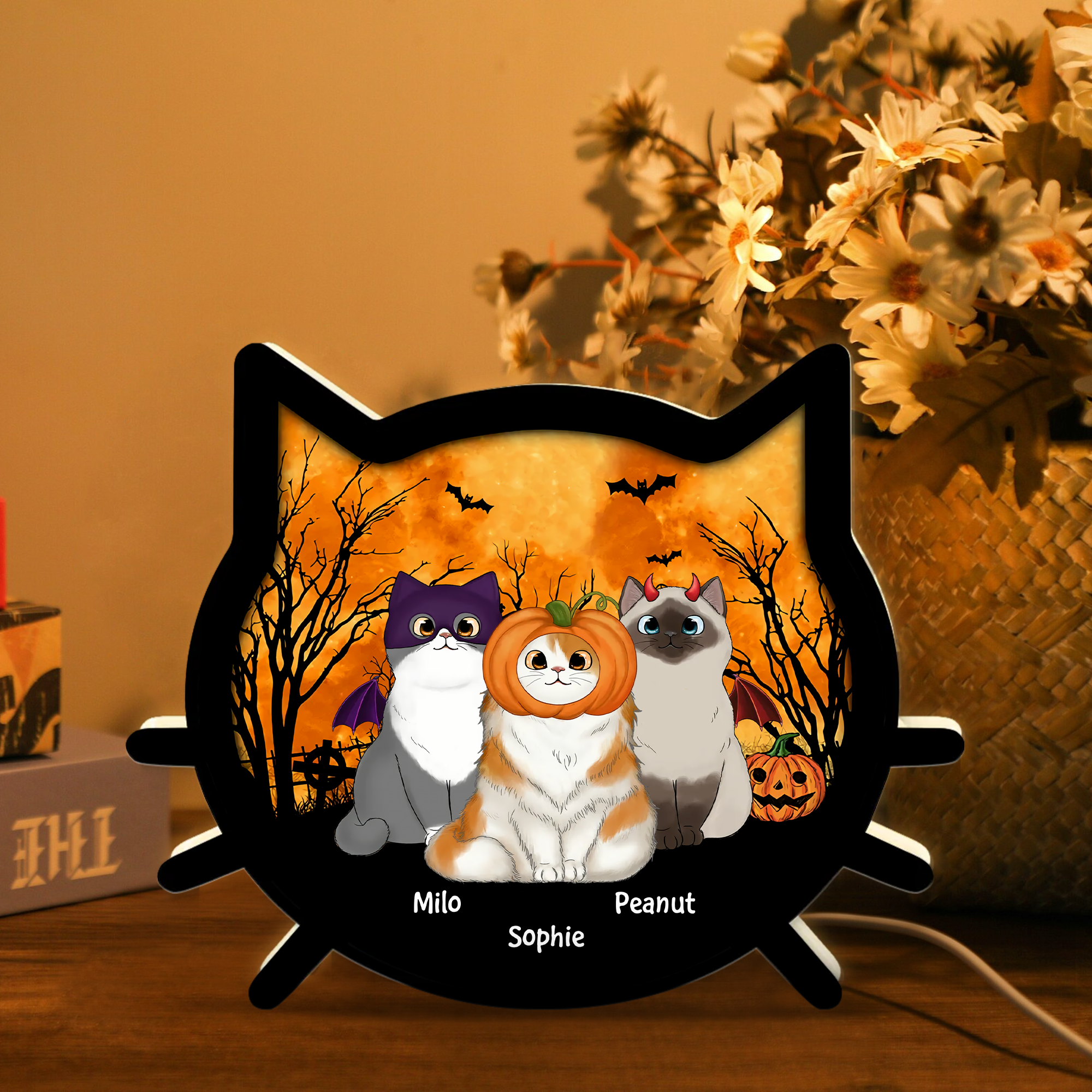 Spooky Halloween Theme Cat Face Personalized Light Box, Halloween Tabletop, Tiered Tray, Shelf Sitter Decoration