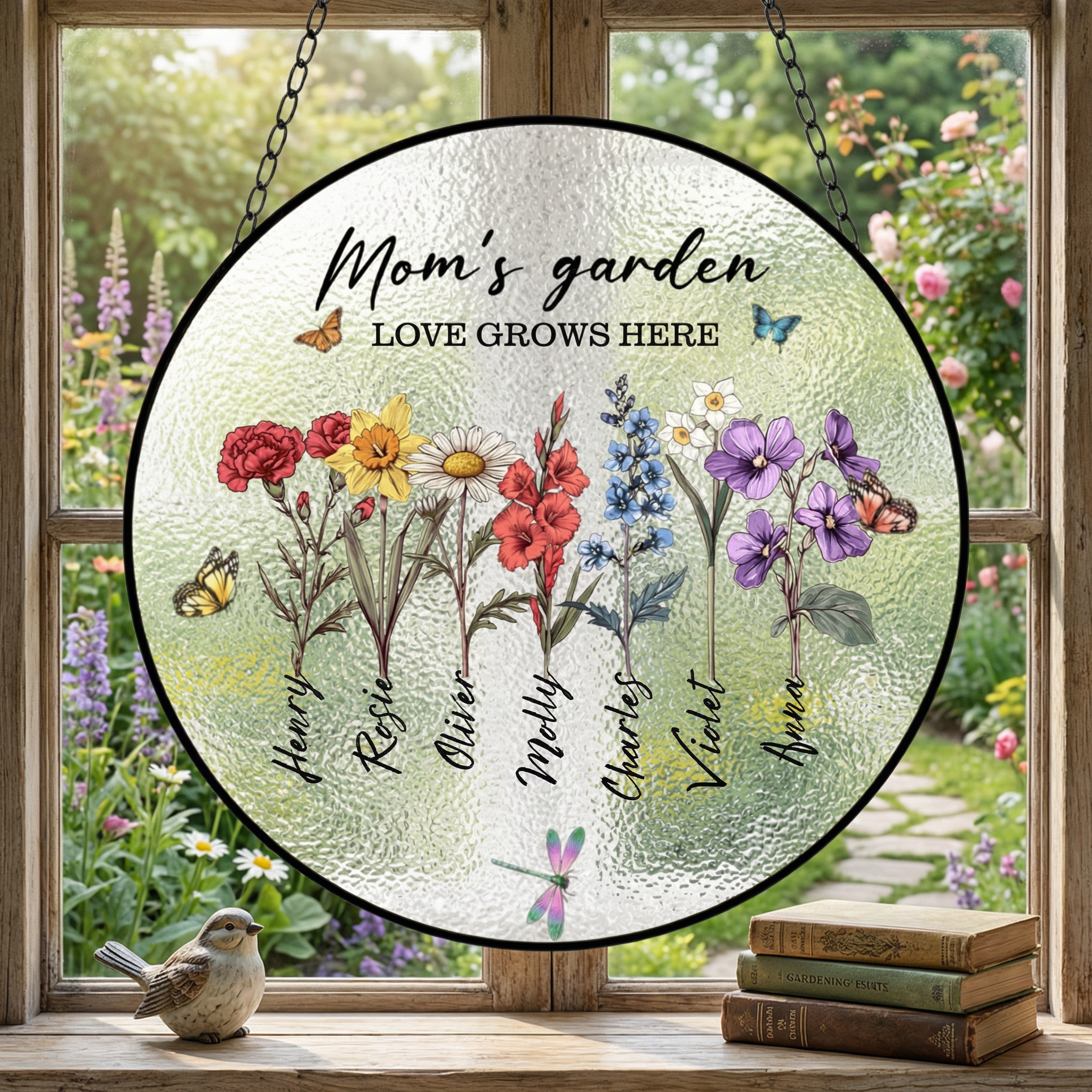 Custom 'Grandma's Garden' Stained Glass Suncatcher | Personalized 'Love Grows Here' with Birth Flowers & Names | Mother's Day Gift