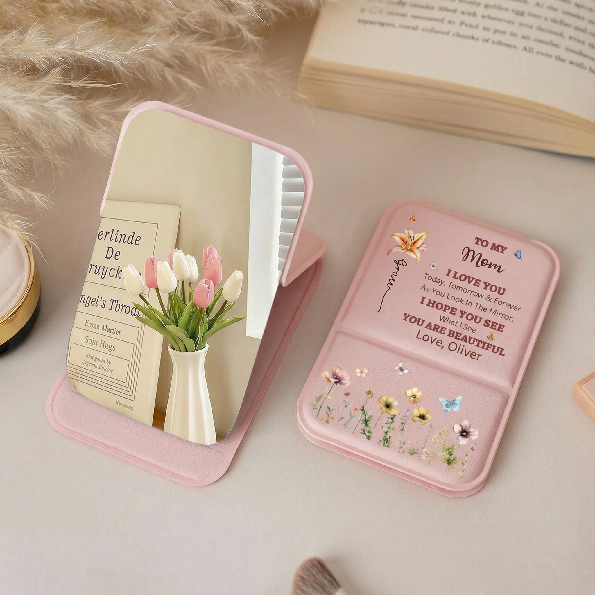 Personalized Leather Pocket Mirror for Mom & Grandma | Custom Mother's Day Gift from Grandkids