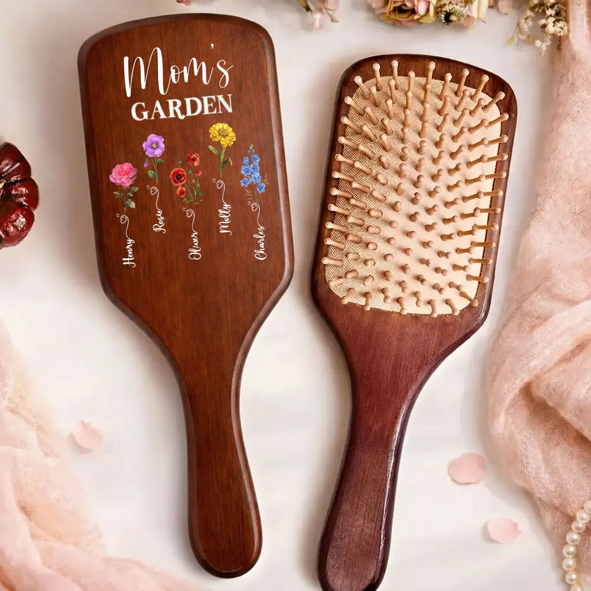 Personalized Wooden Hair Brush | Custom Birth Month Flower Garden Design | Gift for Mom & Grandma