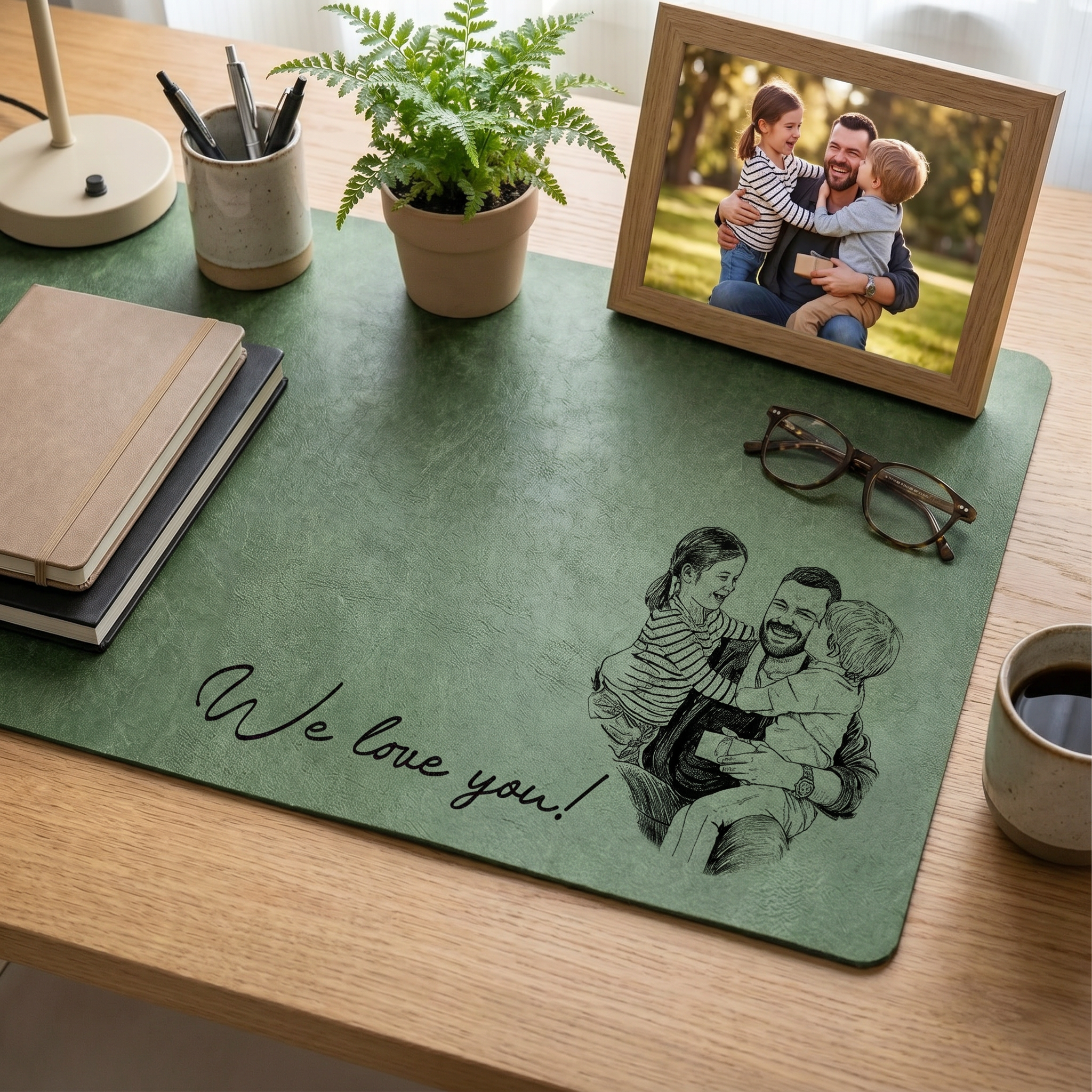 Personalized Father's Day Desk Mat - We Love You Custom Photo Sketch Line Art, Gift for Husband Dad