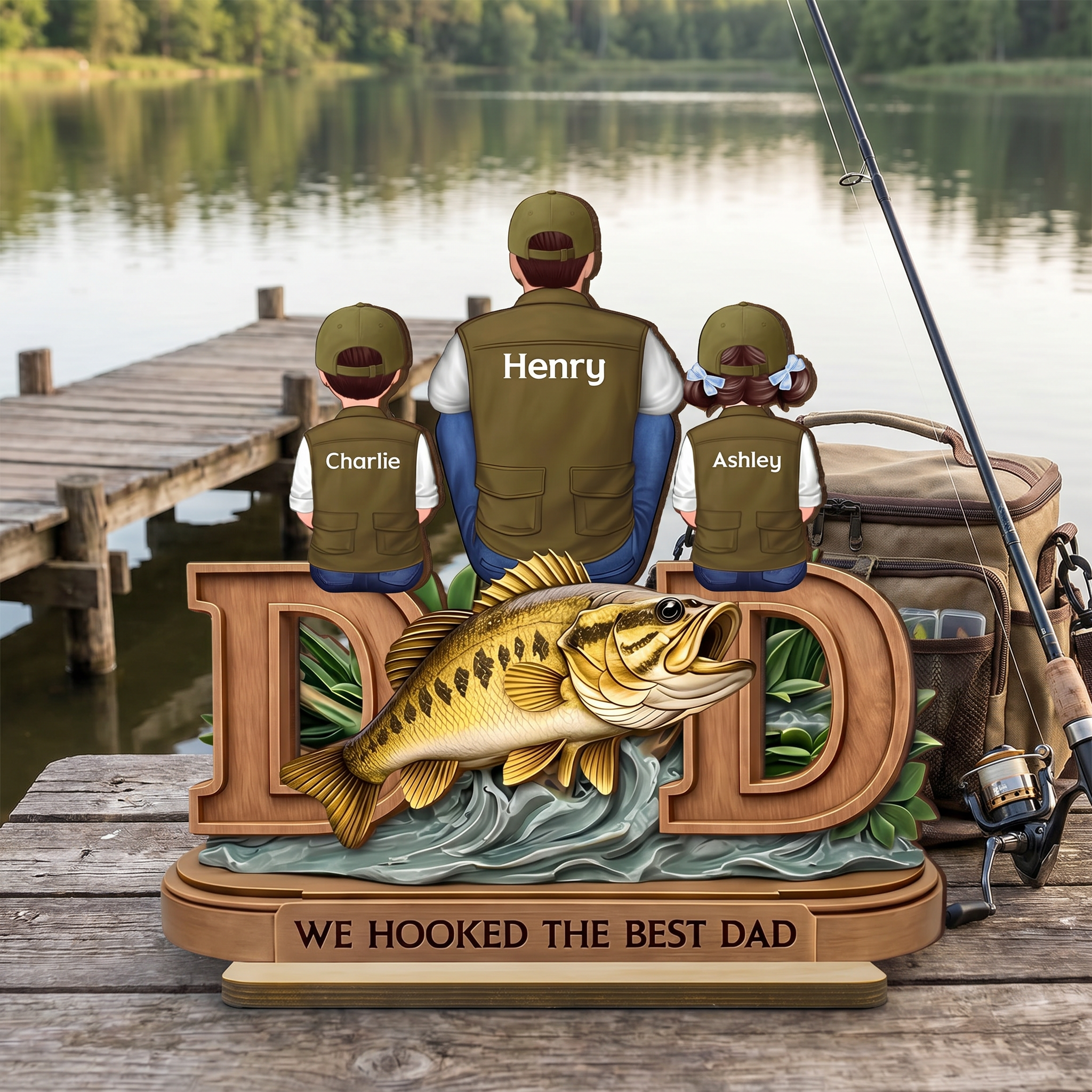 Personalized 2-Layered Wooden Plaque - Fishing Dad And Kids Sitting Together, Heartfelt Gift for Dad Husband
