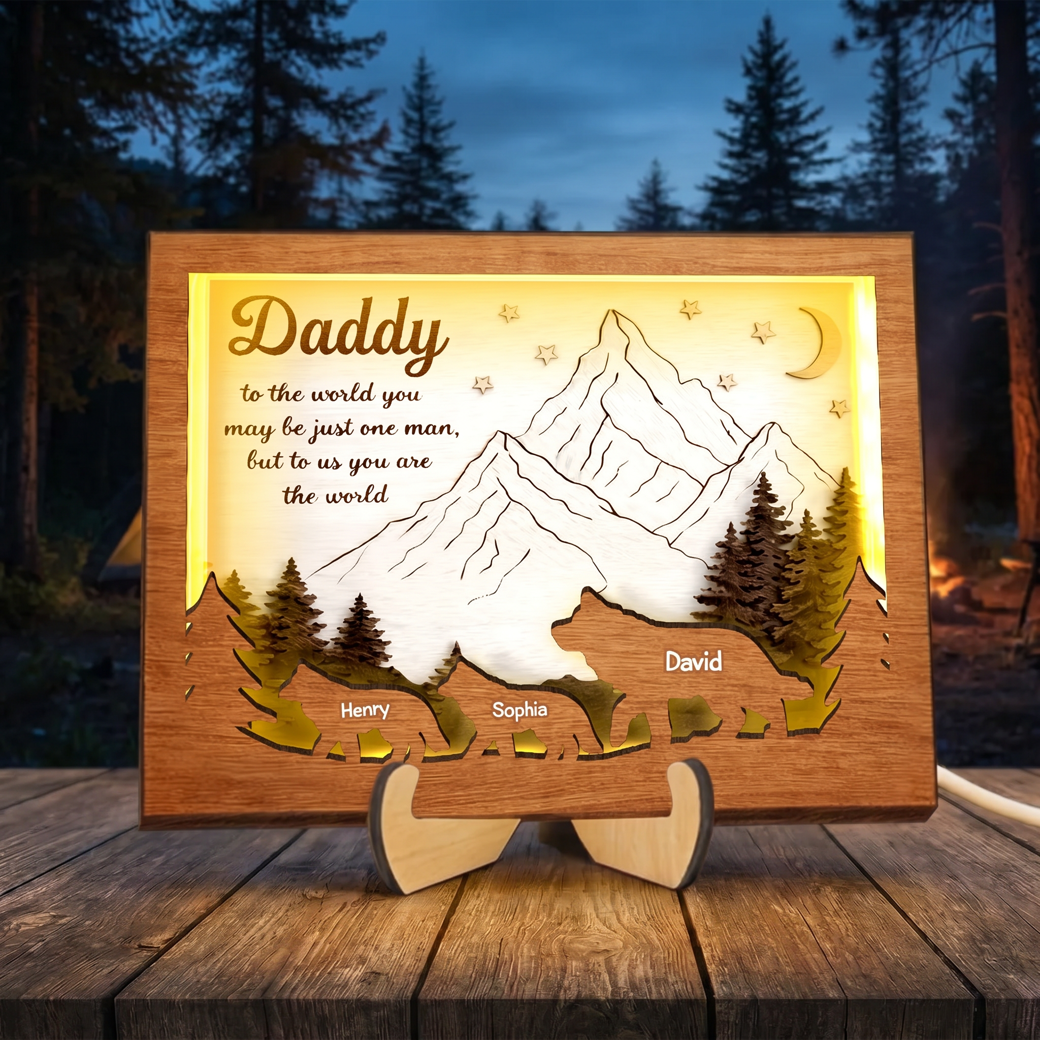 Personalized 2-Layered Wooden Night Light - Daddy To Us You Are The World, Sentimental LED Plaque Gift for Dad Husband