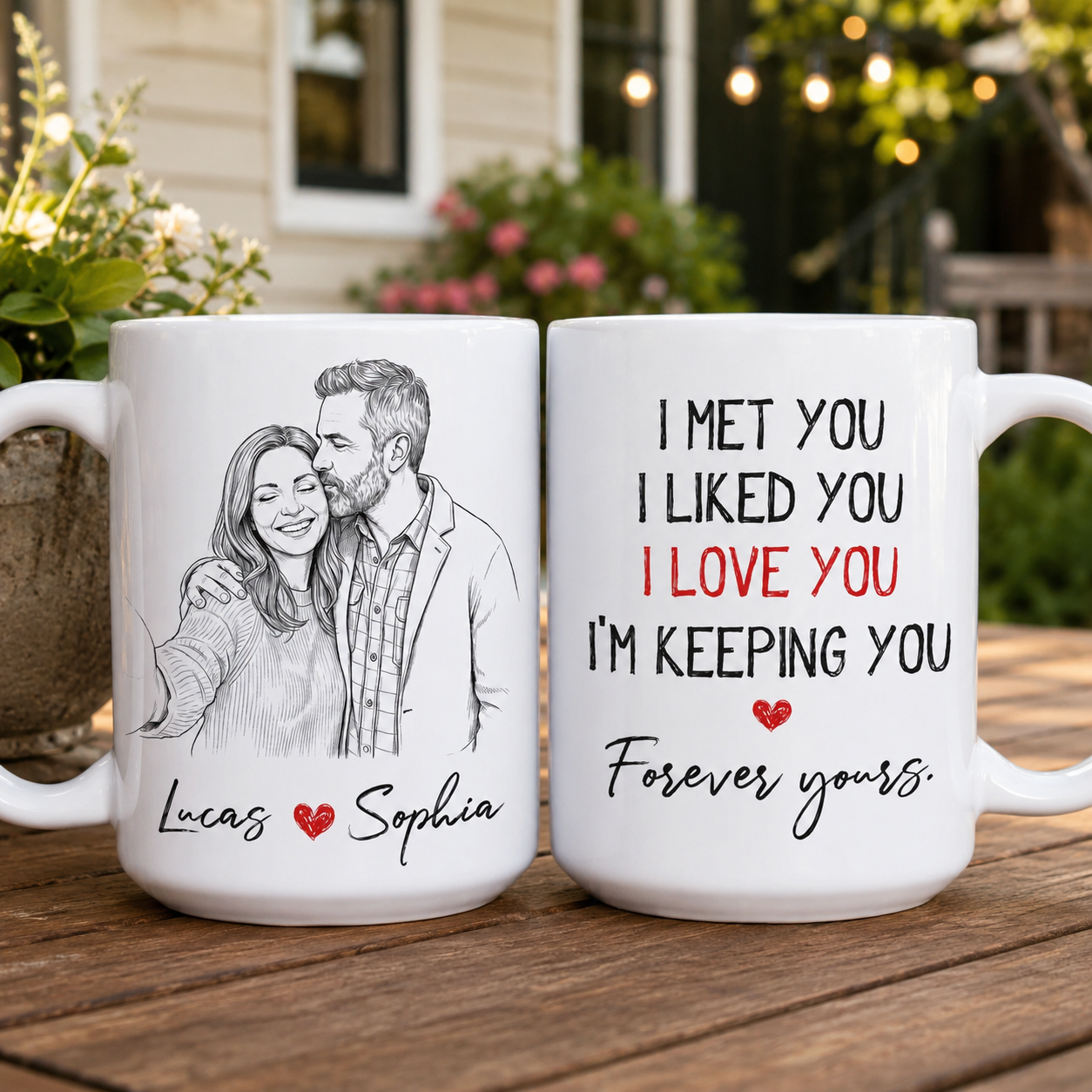 Personalized Anniversary Mug - Forever Yours Custom Photo Sketch Line Art, Gift for Him Her