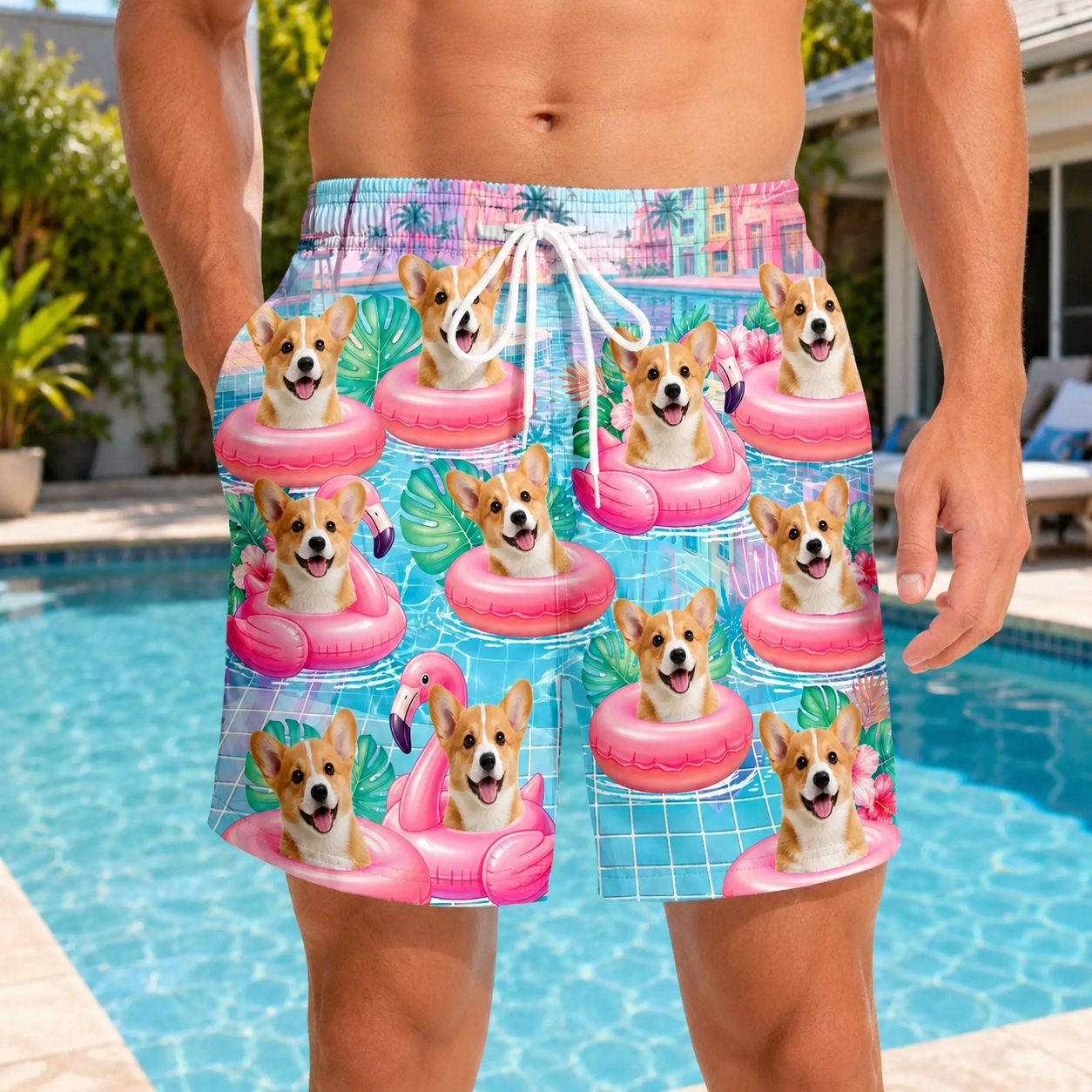 Personalized Tropical Beach Shorts - Flamingo Float Club President, Custom Photo Aloha Shorts for Dog Cat Lovers, Dog Dad Mom Cat Owners