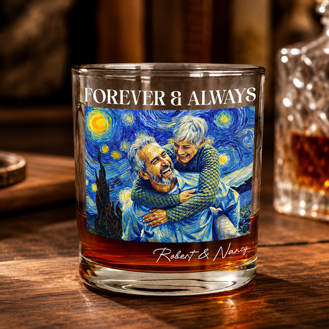 Personalized Van Gogh Style Whiskey Glass - Forever & Always Couple Photo Art, Custom Gift for Him Her
