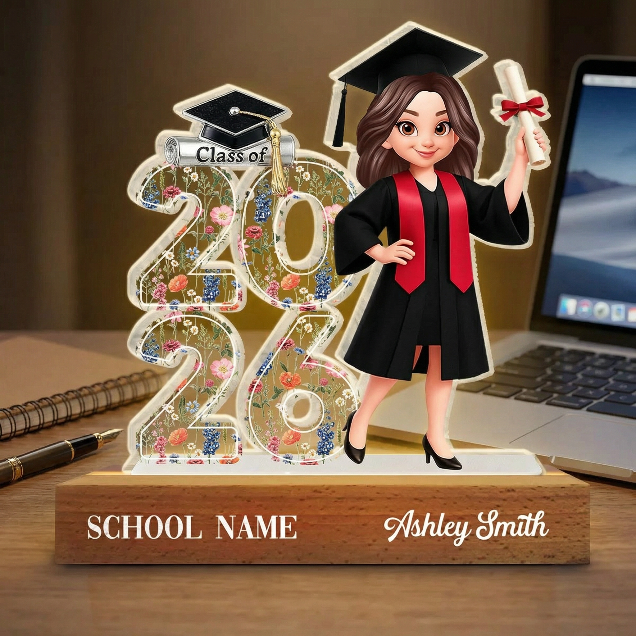 Personalized Acrylic LED Night Light - Class of 2026 2027 Senior Floral Graduation Gift for Daughter, Graduate