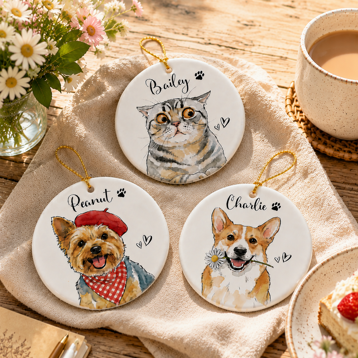 Personalized Pet Memorial Ornament - Cute Watercolor Custom Portrait, Gift for Loss of Pet