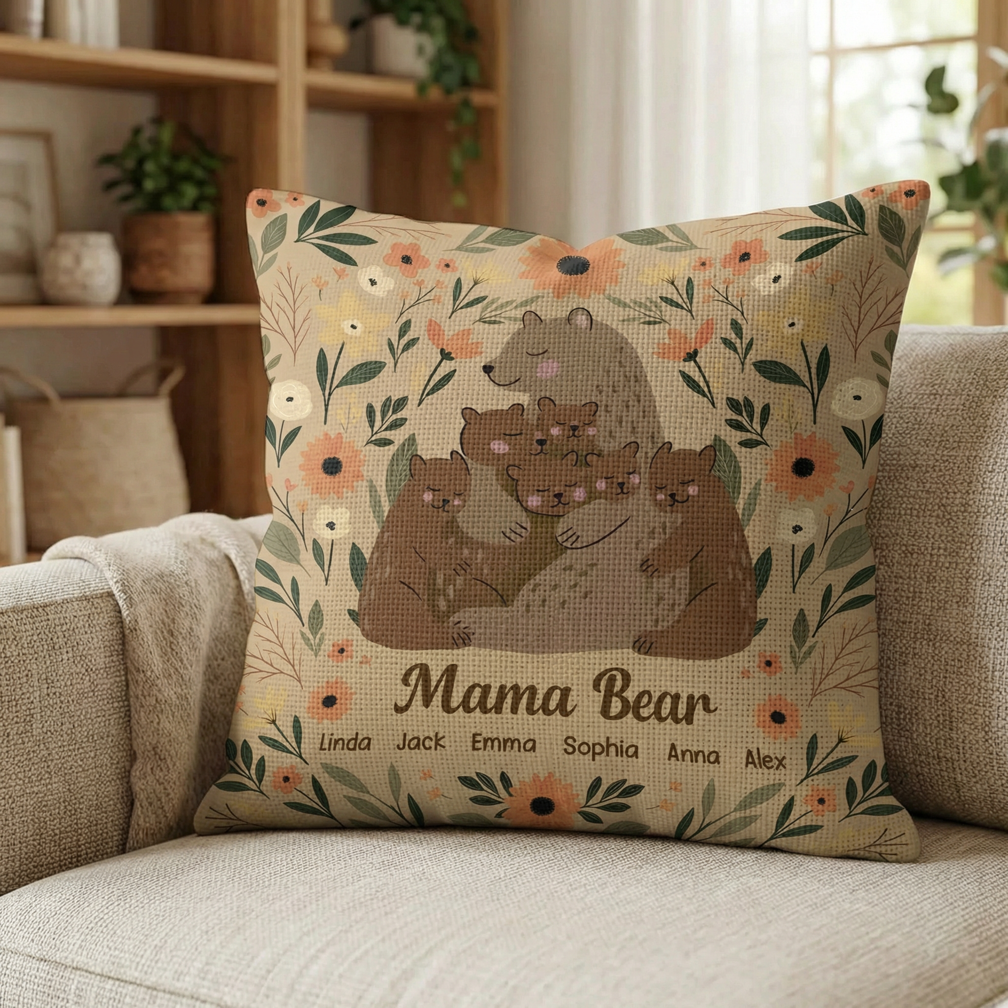 Personalized MamaBear Pillow - Custom Flower Name Pillow for Mom, Mother's Day Birthday Gift