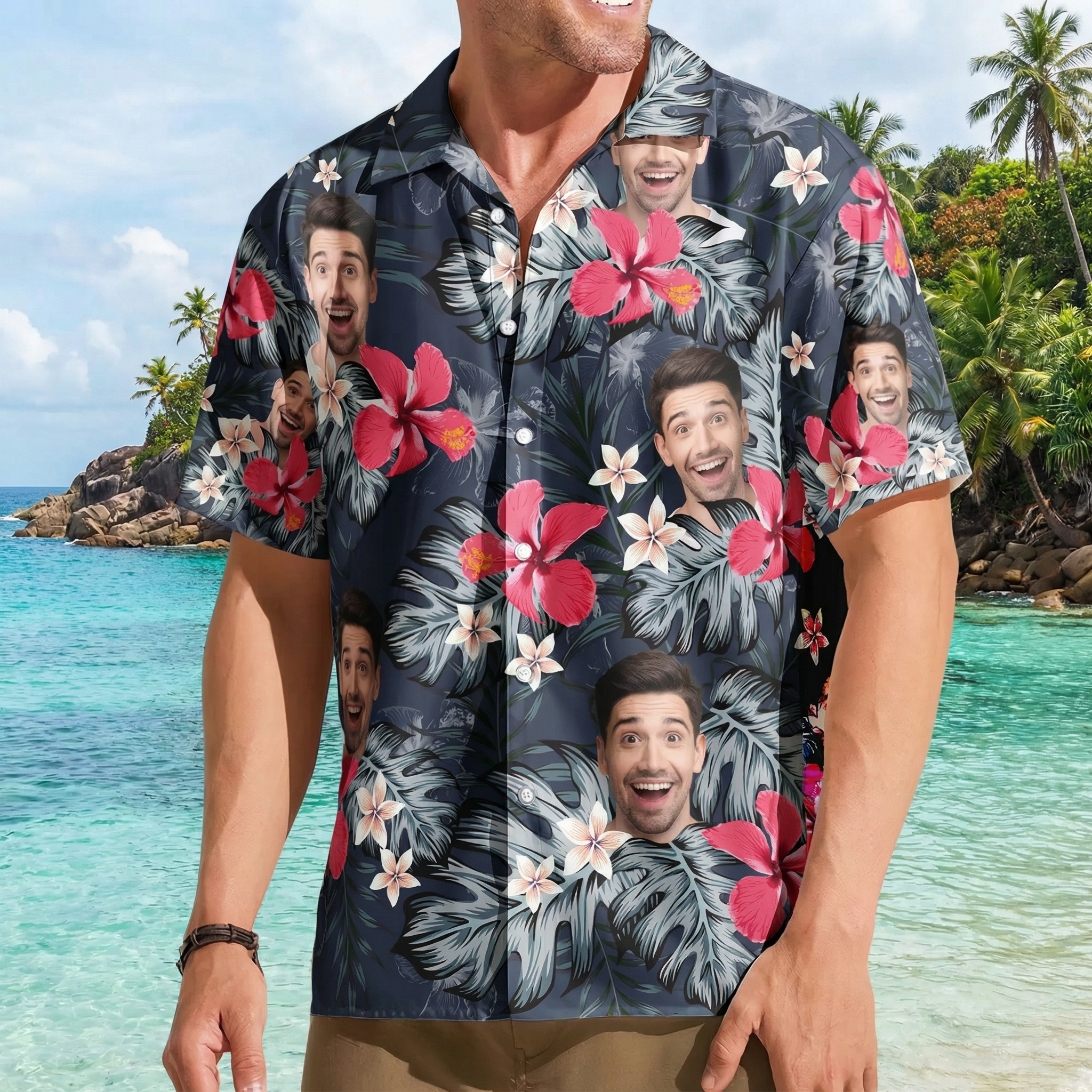 Personalized Hawaiian Shirt for Men - Custom Face Photo Shirt with Red Hibiscus, Funny Gift for Husband Dad