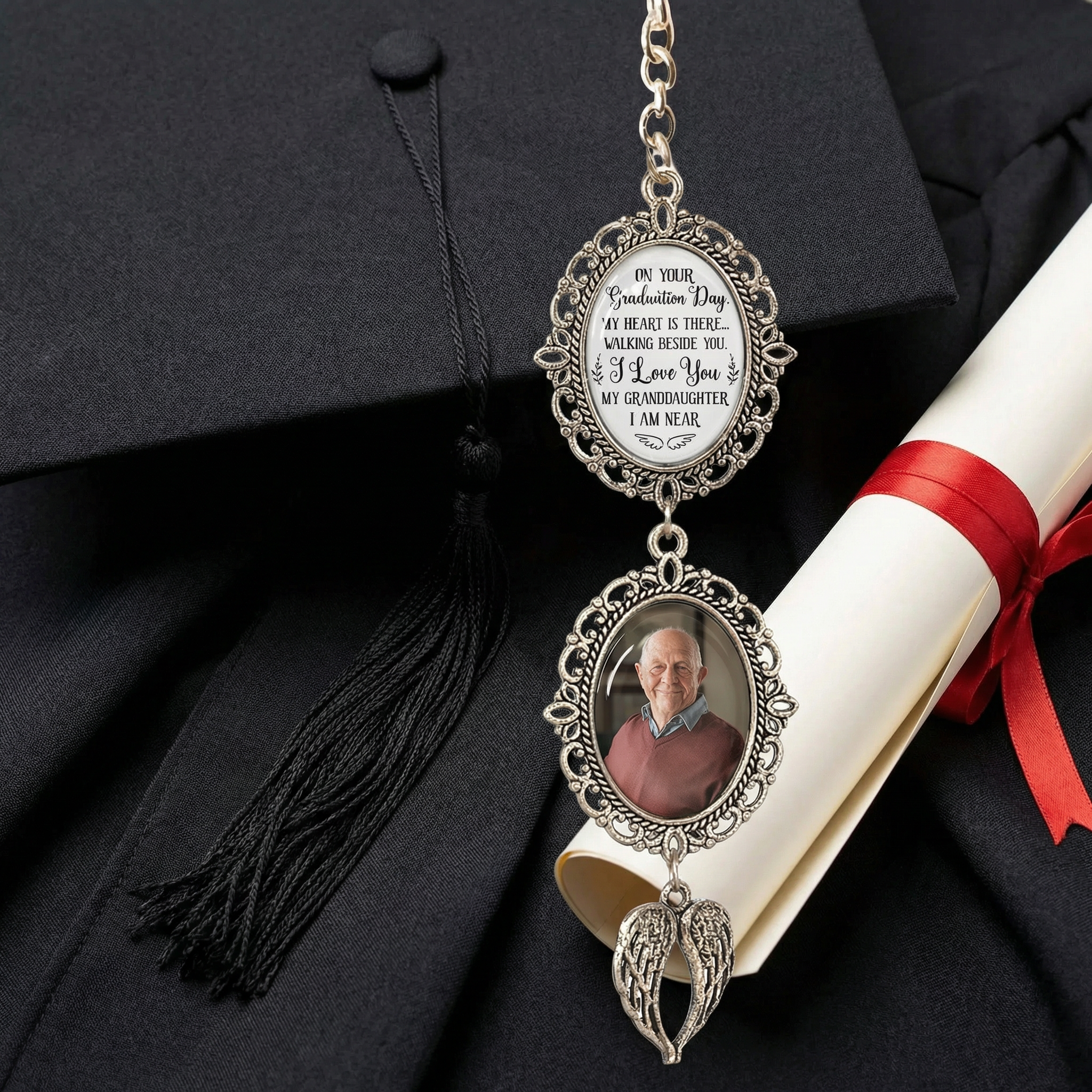 Custom Graduation Tassel Charm, On Your Graduation Day My Heart Is There - Personalized Photo Charm for Daughter, Son, Grandchild