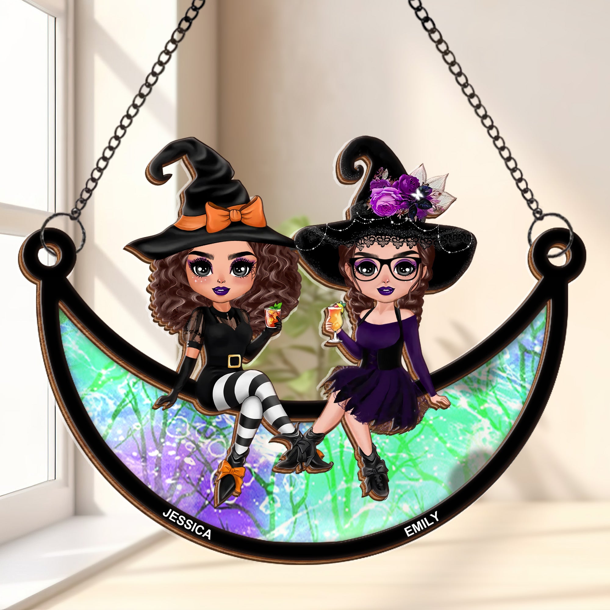 Halloween Witch Besties Sitting On Moon Personalized Window Hanging Suncatcher Ornament, Halloween Decor