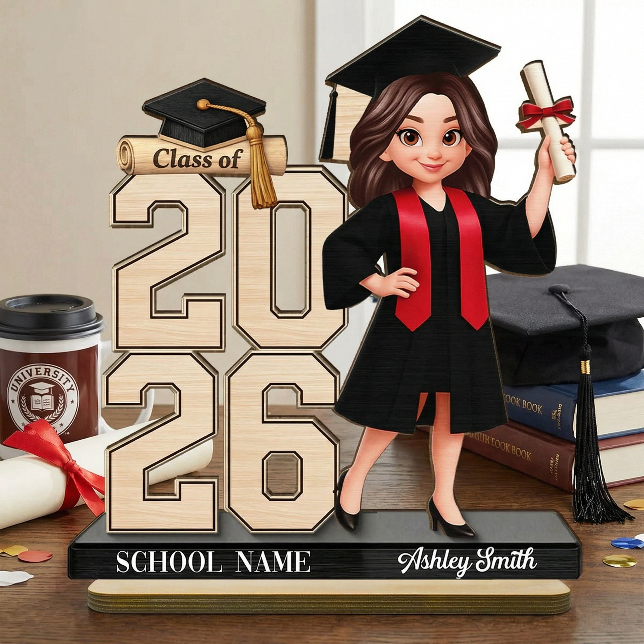 Personalized 2-Layered Wooden Plaque - Class of 2026 2027 Senior 2D Flat, Graduation Gift for Daughter Son Graduate