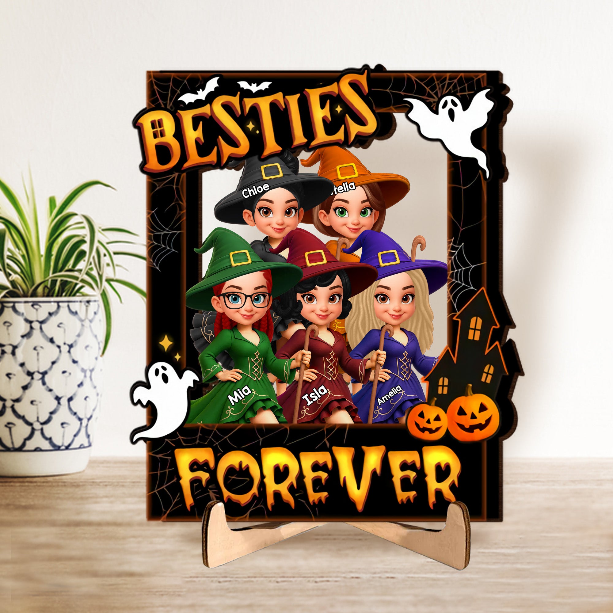 Besties Sisters Witch Photo Booth Frame Personalized 2-Layer Wooden Plaque