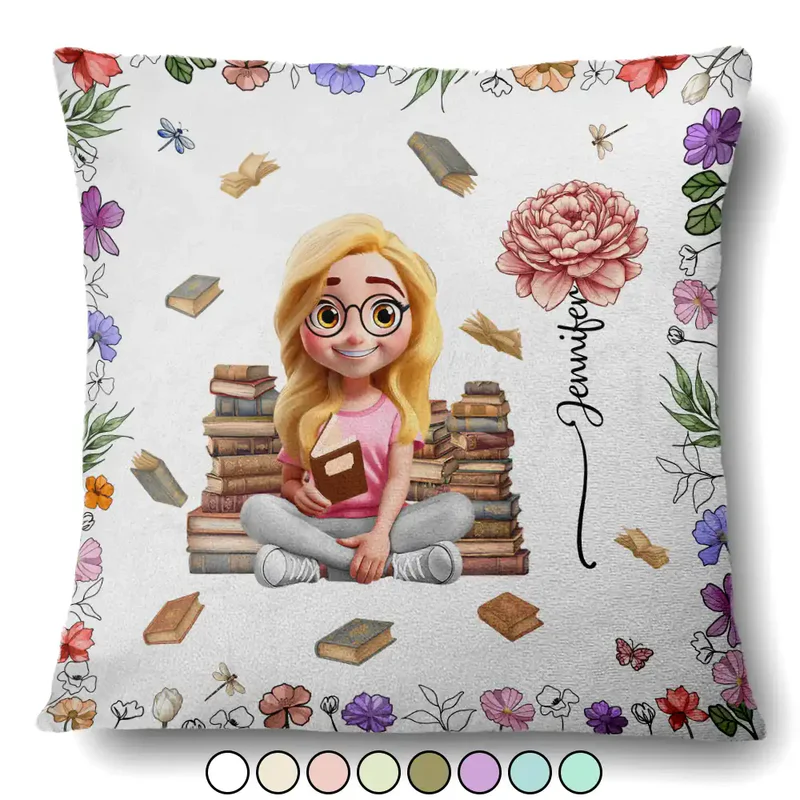 Reading Girl With Birth Month Flower - Personalized Pillow