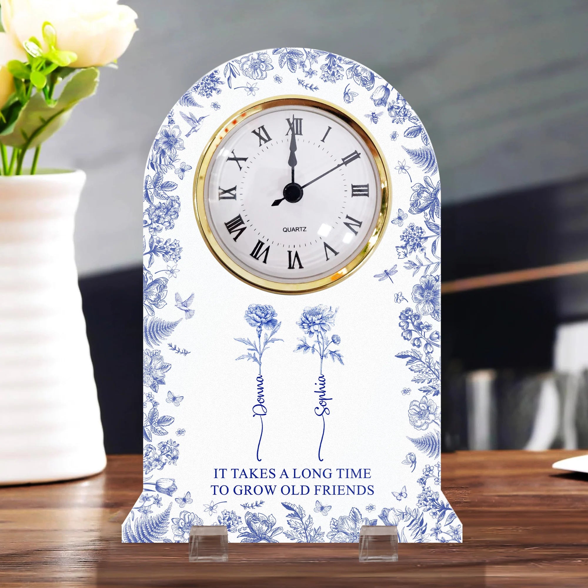 It Takes A Long Time To Grow Old Friends Toile De Jouy Birth Flower - Personalized Acrylic Desk Clock