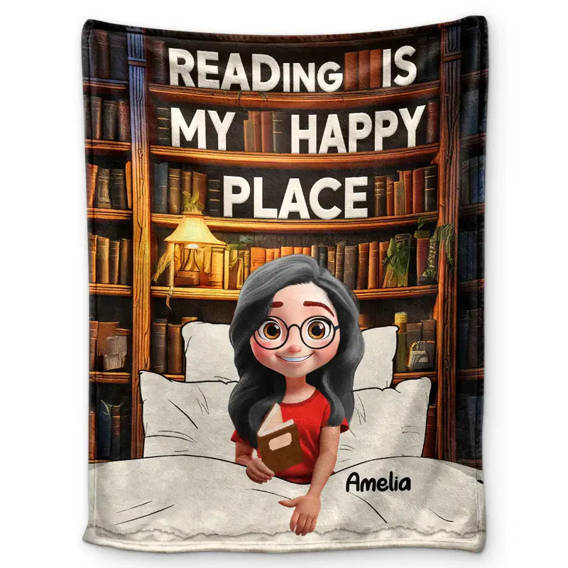 Reading Is My Happy Place - Personalized Fleece Blanket, Sherpa Blanket
