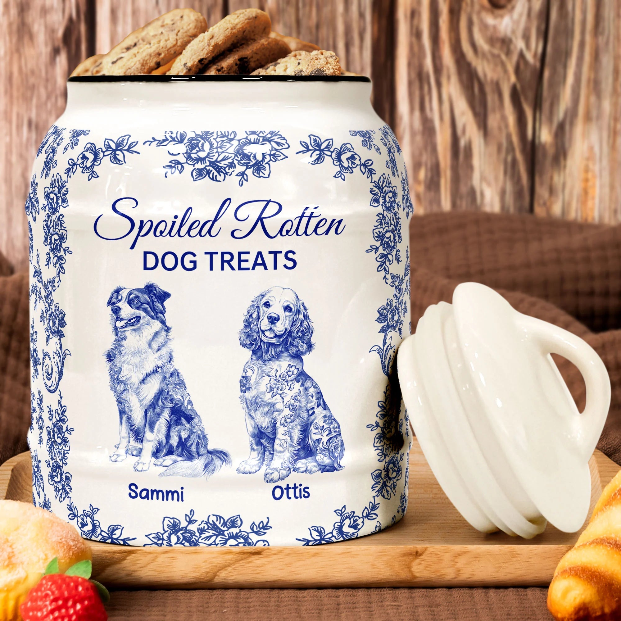 Spoiled Rotten Dog Treats Floral Toile De Jouy Chinoiserie - Personalized Cookie Jar