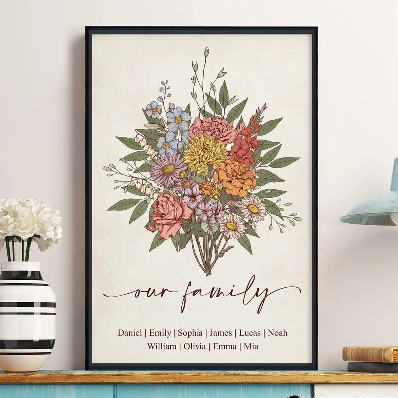 Family Boho Birth Flower Bouquet Flowers Gift For Mom, Grandma, Family - Personalized Poster