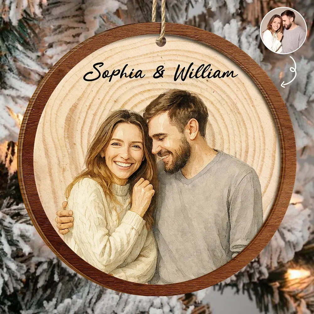 Custom Photo Realistic Watercolor Art Happy Couple - Personalized 2-Layered Wooden Ornament