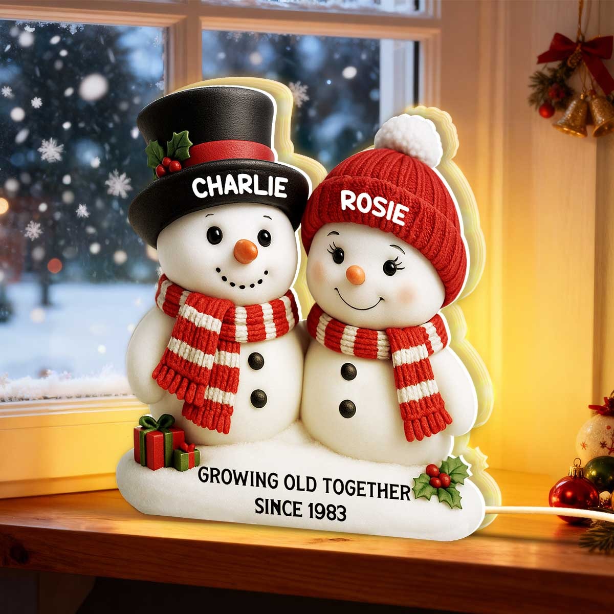 Christmas Snowman Couple Growing Old Together - Personalized Light Box - Gift For Couple