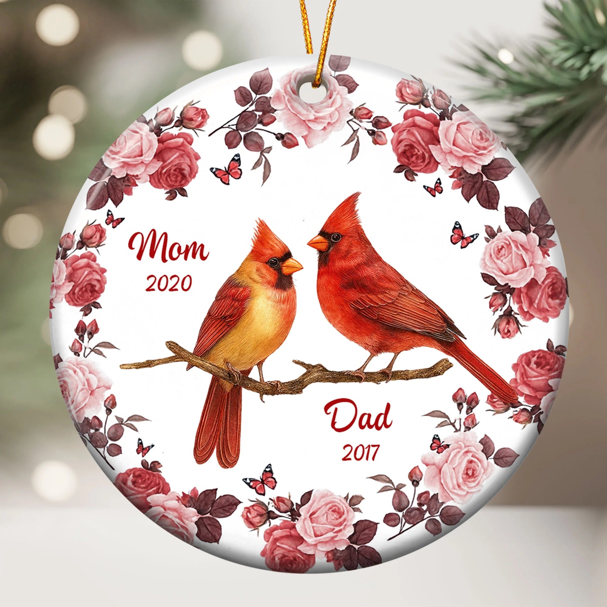 Cardinal Floral Frame Memorial - Personalized Ceramic Ornament