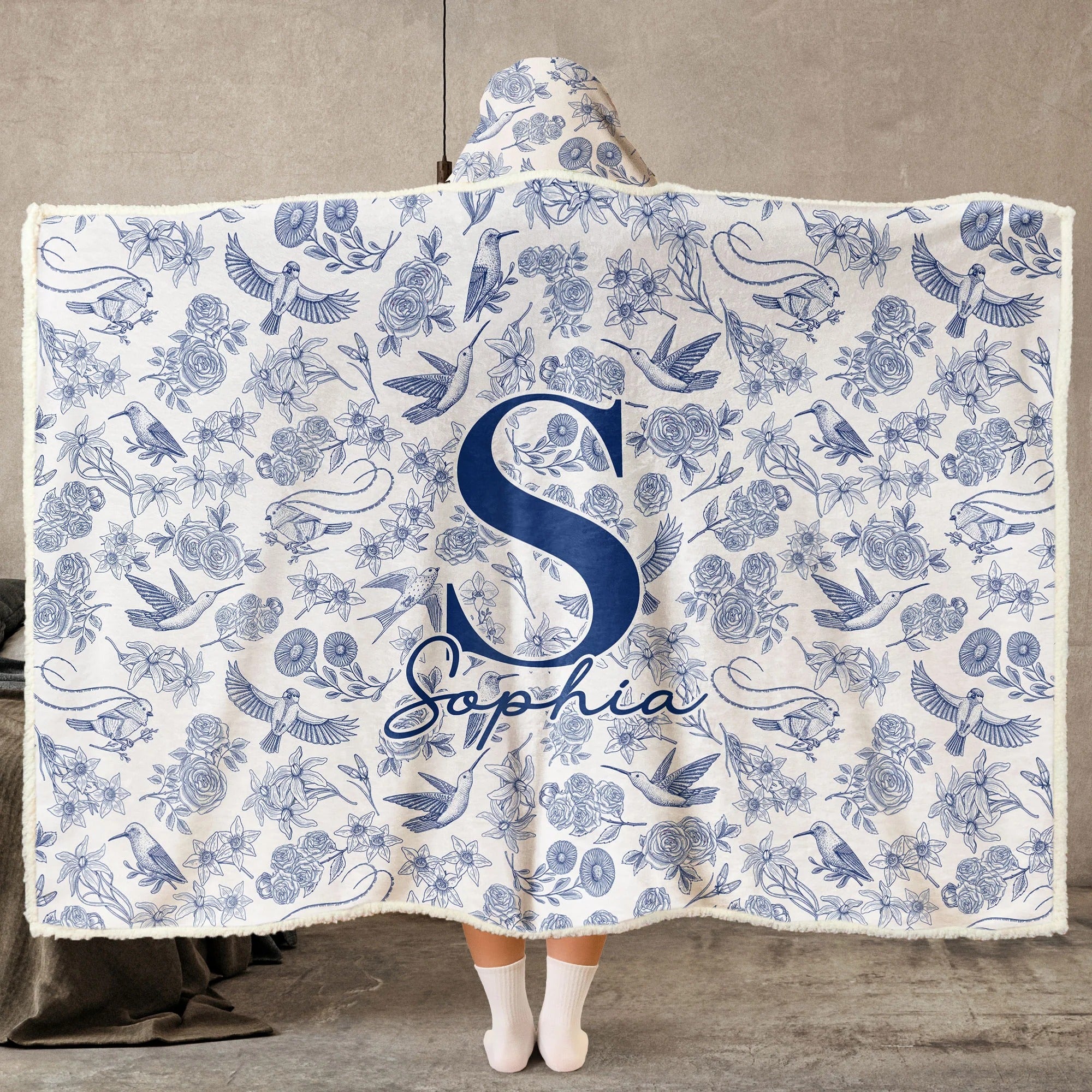 Toile De Jouy Floral Initial - Personalized Wearable Blanket Hoodie