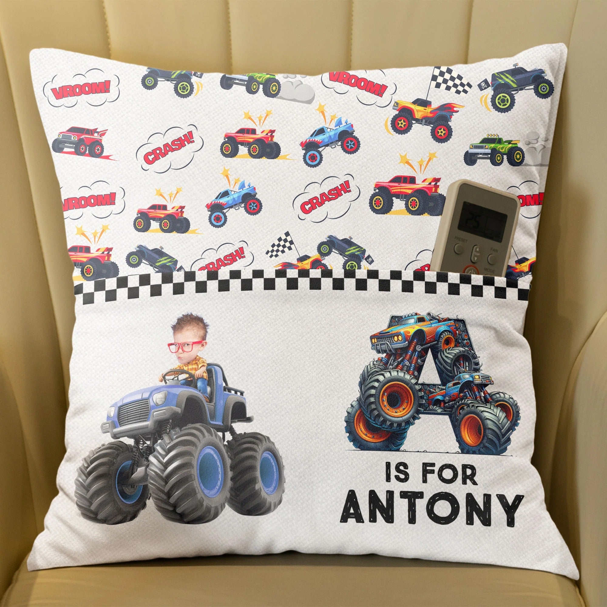 Monster Truck Alphabet Letters - Personalized Photo Pocket Pillow (Insert Included)