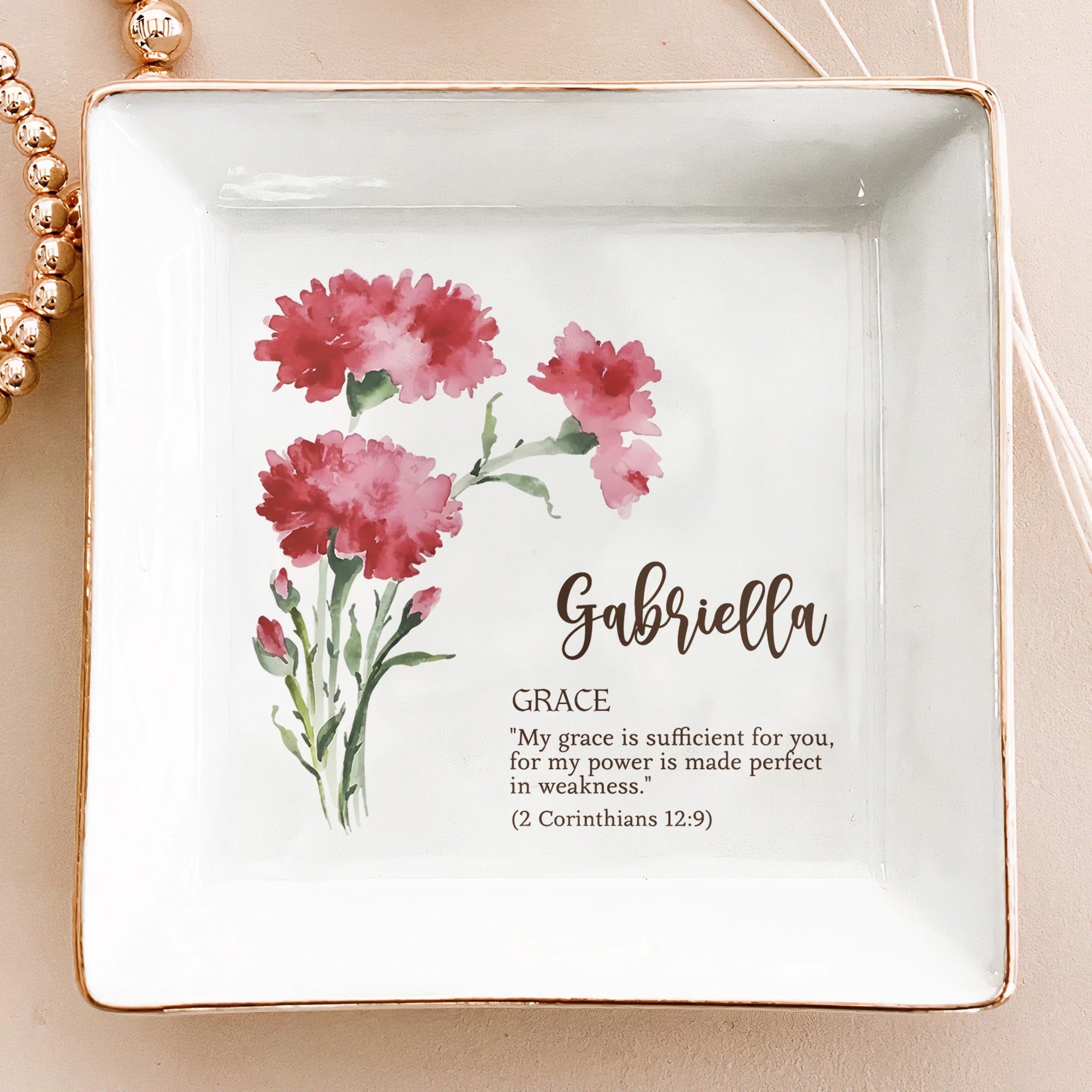 Custom Birth Flower Initial With Bible Verse - Personalized Jewelry Dish