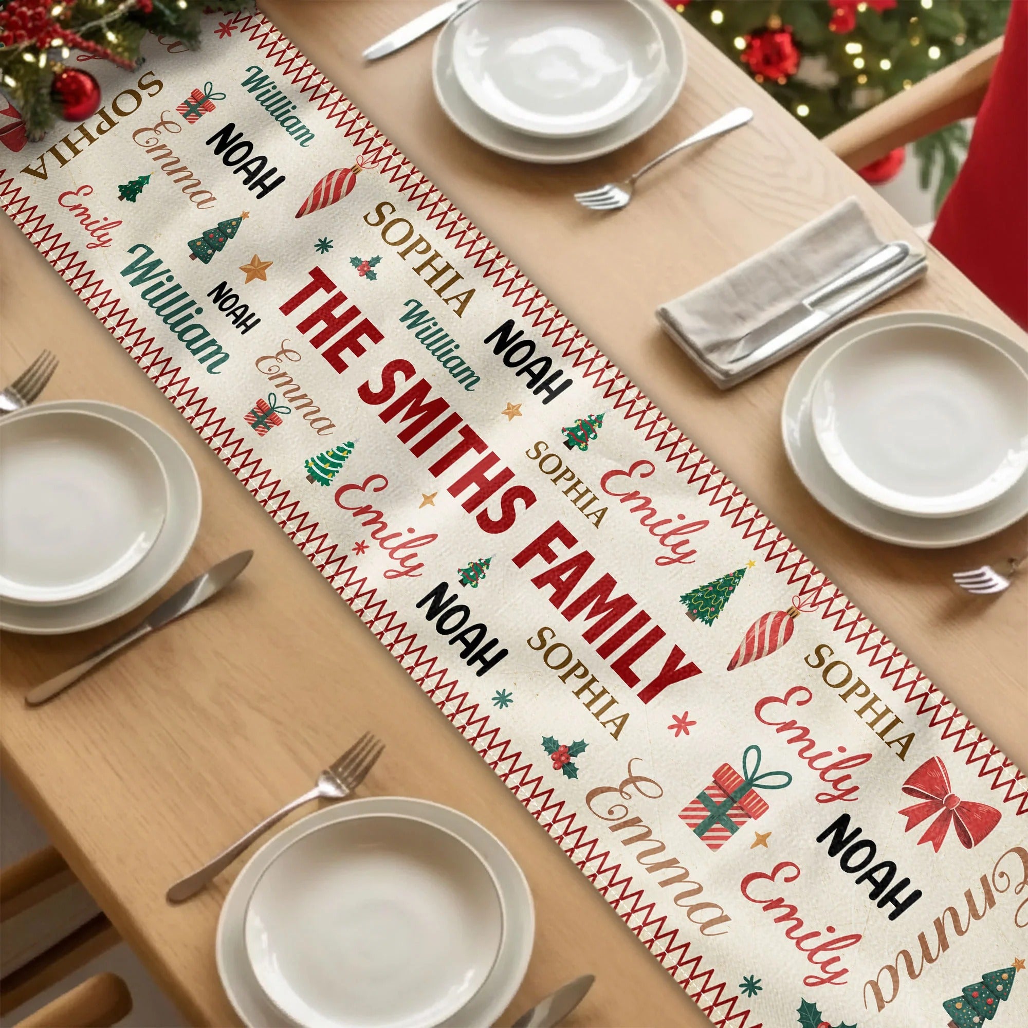 Family Name Word Christmas Theme - Personalized Table Runner