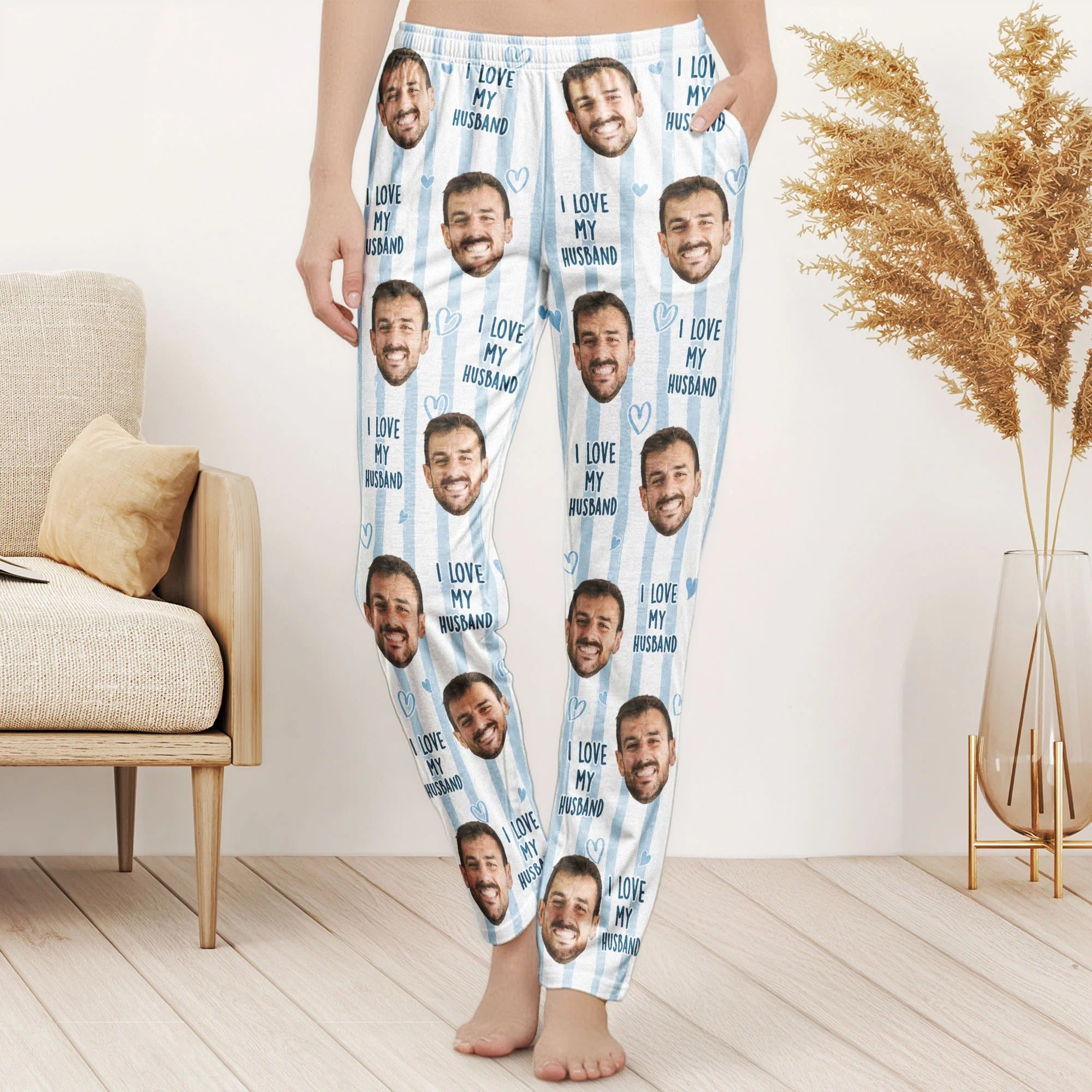 Couple Custom Photo Funny Stripe Background - Personalized Photo Sweatpants, Lounge Pants With Pockets
