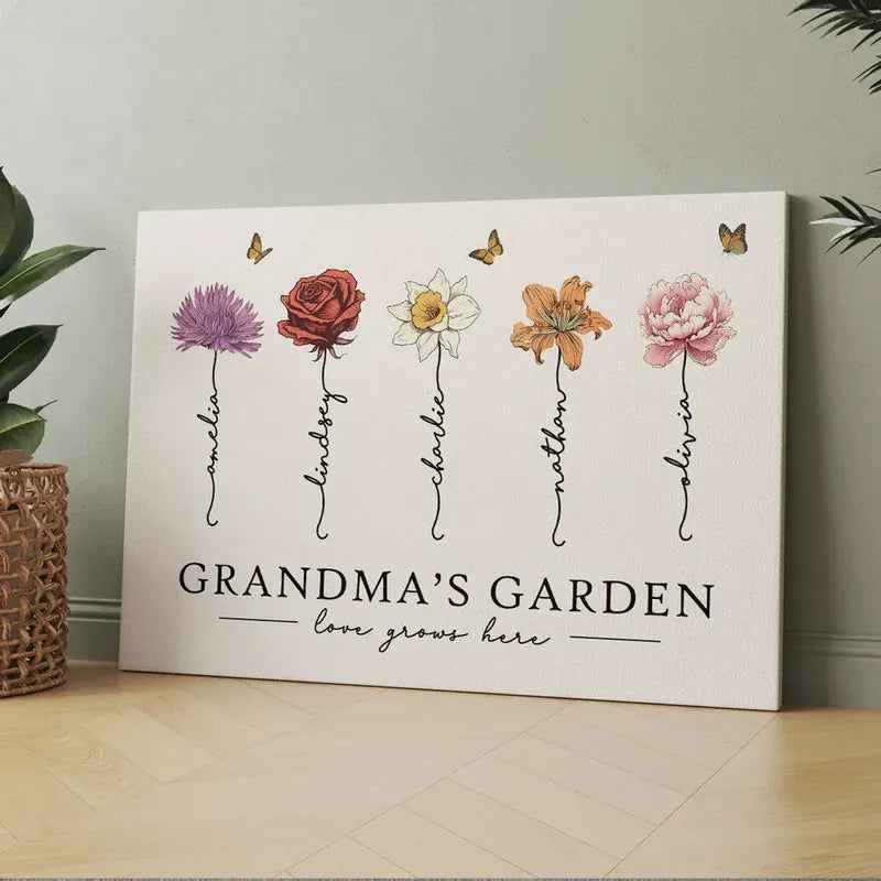 Grandma‘s Garden Love Grows Here Beautiful Birth Month Flower Gift For Grandma Mom Personalized Canvas
