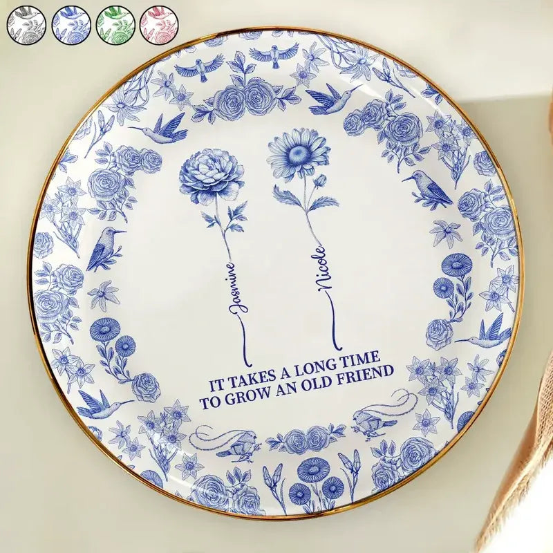 Toile De Jouy Birth Flower Grow An Old Friend - Personalized Round Ring Dish