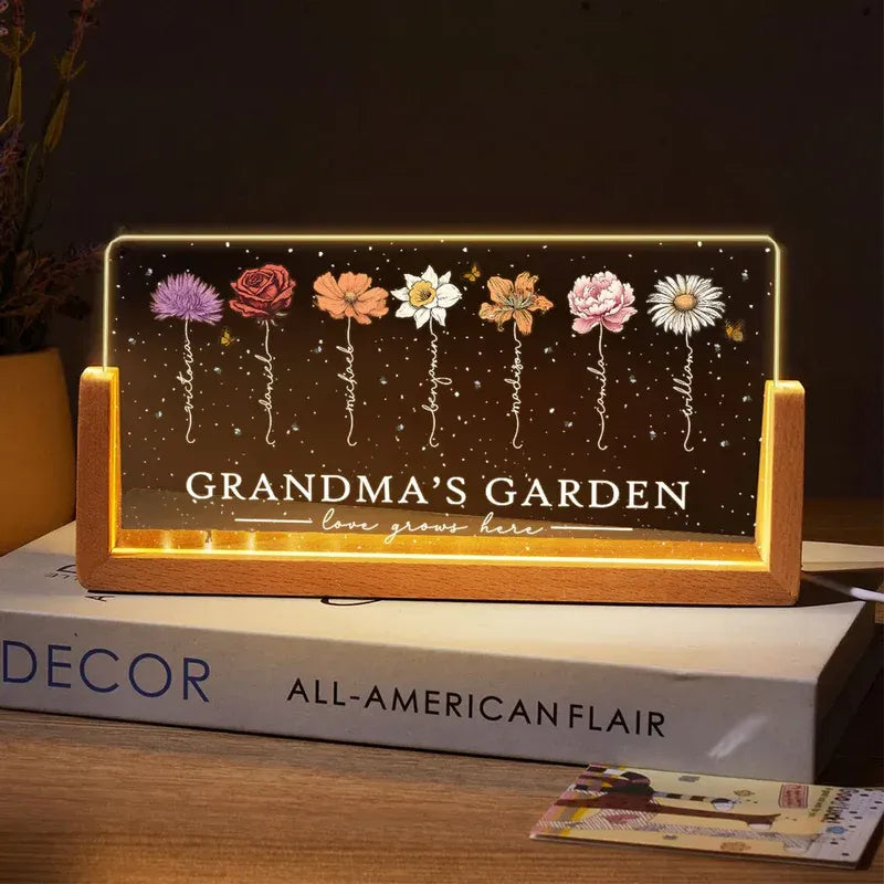 Grandma's Garden Love Grows Here Birthmonth Flowers Personalized U-Base Acrylic LED Night Light, Grandkids Names Floral Gift