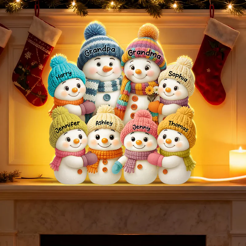 3D Effect Snowman Grandma Grandpa and Grandkids Personalized Light Box - Christmas Gift for Family, Grandma, Grandpa