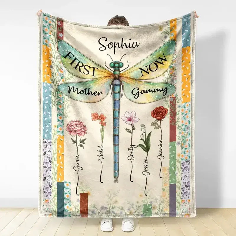 Dragonfly Birth Month Flower First Mom Now Grandma - Personalized Fleece Blanket, Sherpa Blanket