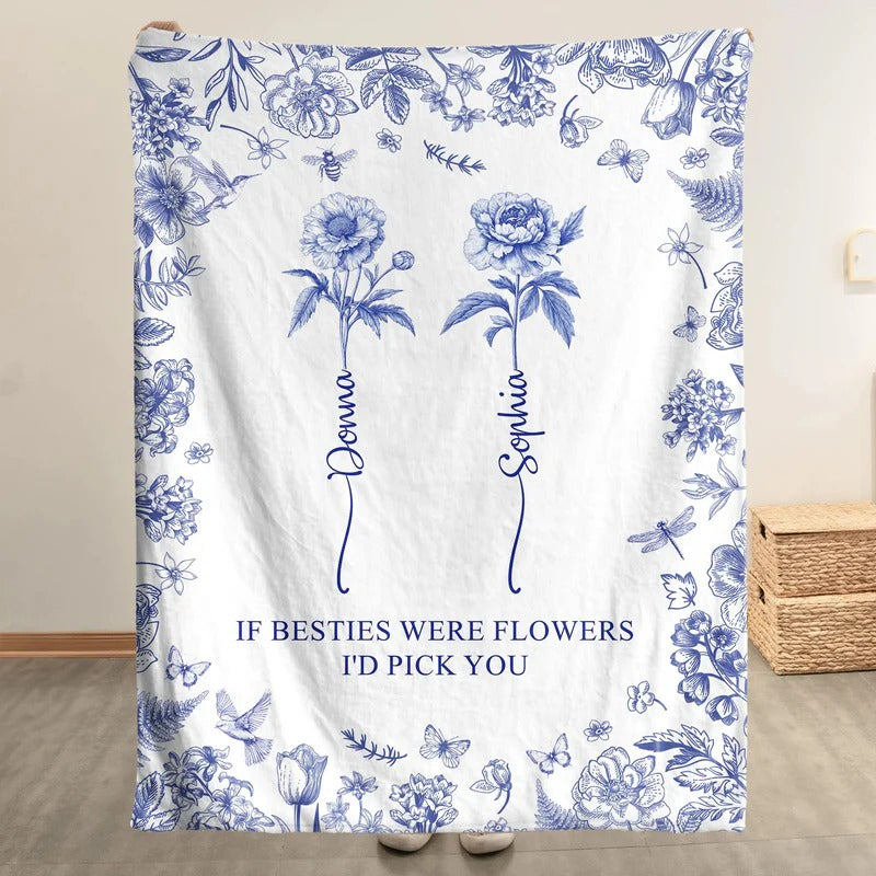 If Besties Were Flowers I'd Pick You - Custom Birth Flower Toile De Jouy - Personalized Blanket