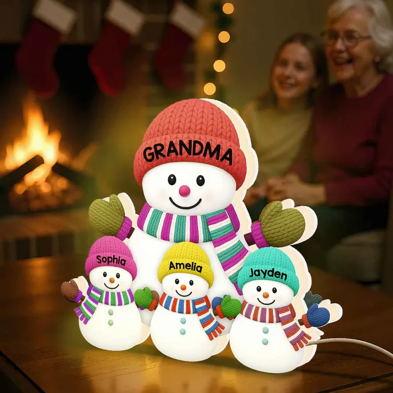 3D Effect Heartwarming Christmas Grandma Grandkids Snowman Together - Personalized Light Box - Gift For Grandmas