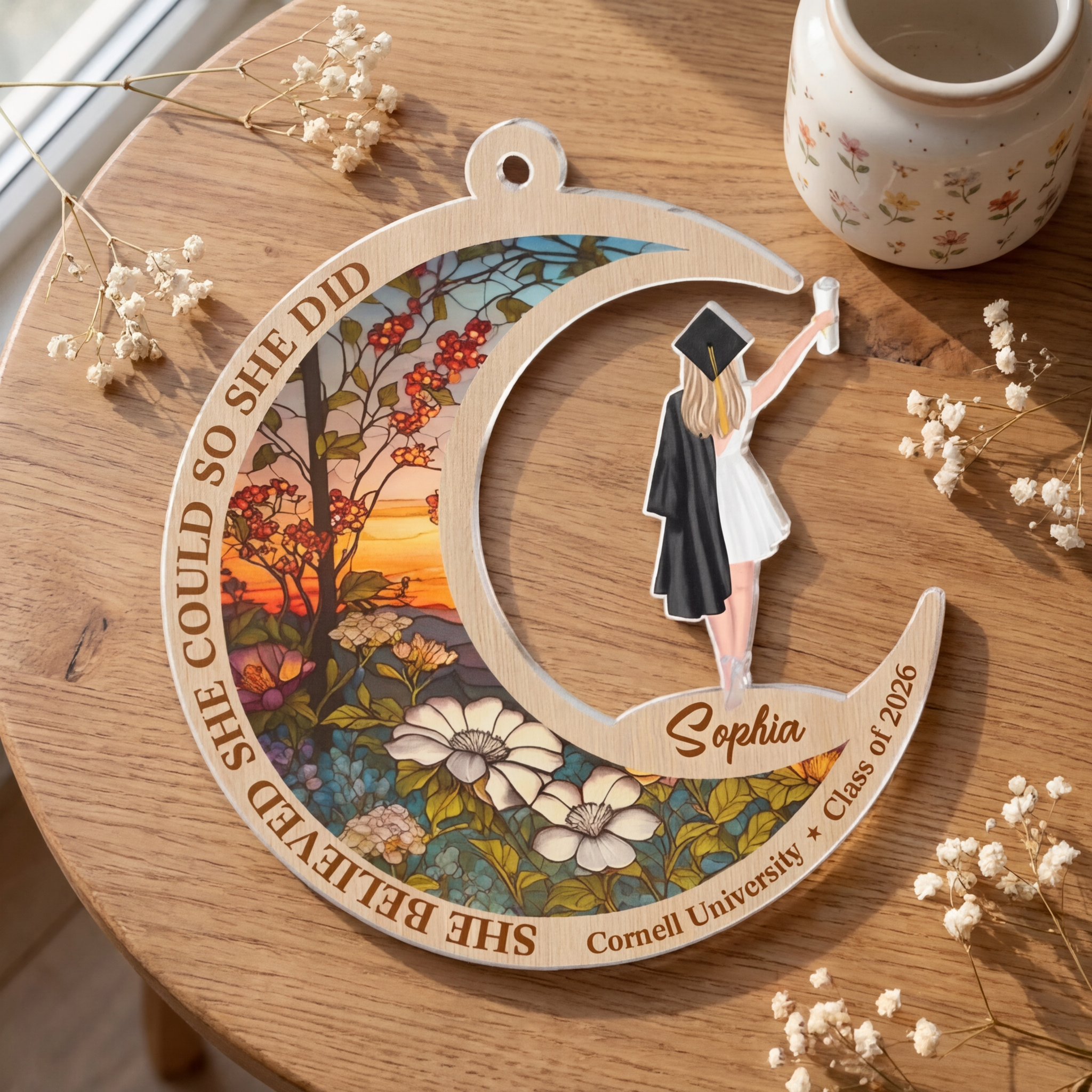 Custom Graduation Suncatcher Ornament - She Believed She Could So She Did, Gift for Sister Brother Graduate