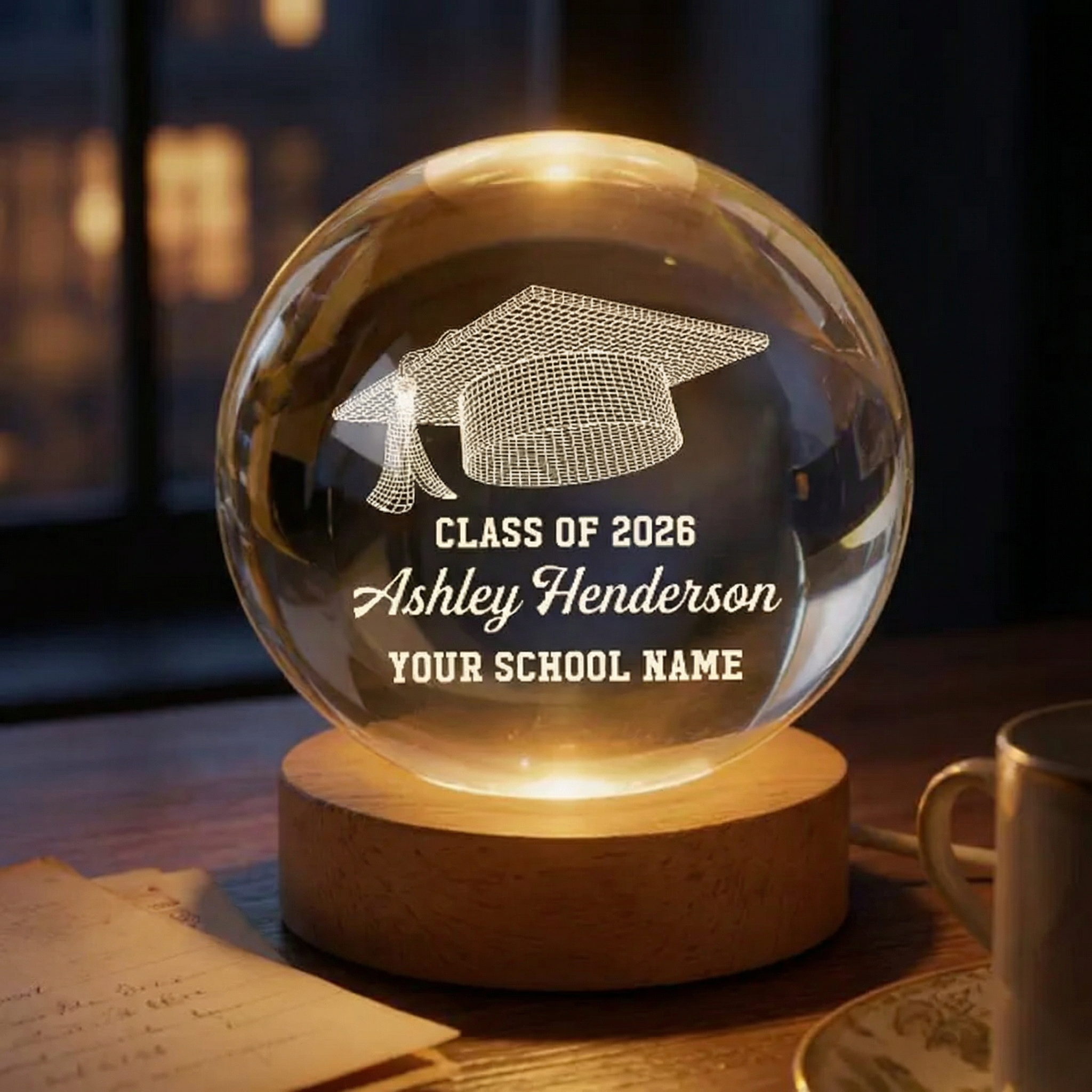 Personalized Graduation Night Light - Class of Senior Illusion Cap Crystal Ball LED, Keepsake Gift for Graduation Day
