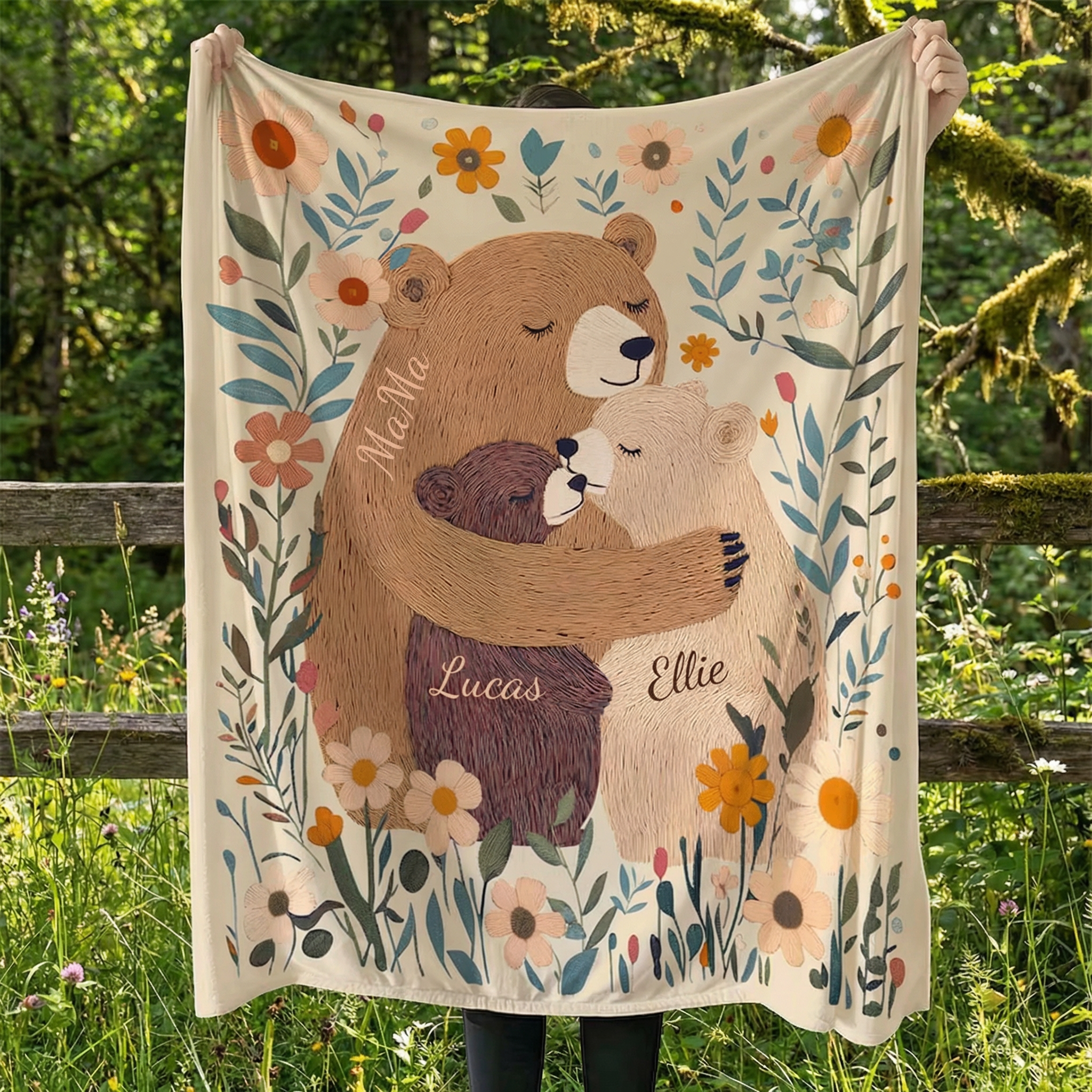 A Handcrafted Heirloom of Love: Personalized Mama Bear & Wildflower Blanket for Mom & Grandma