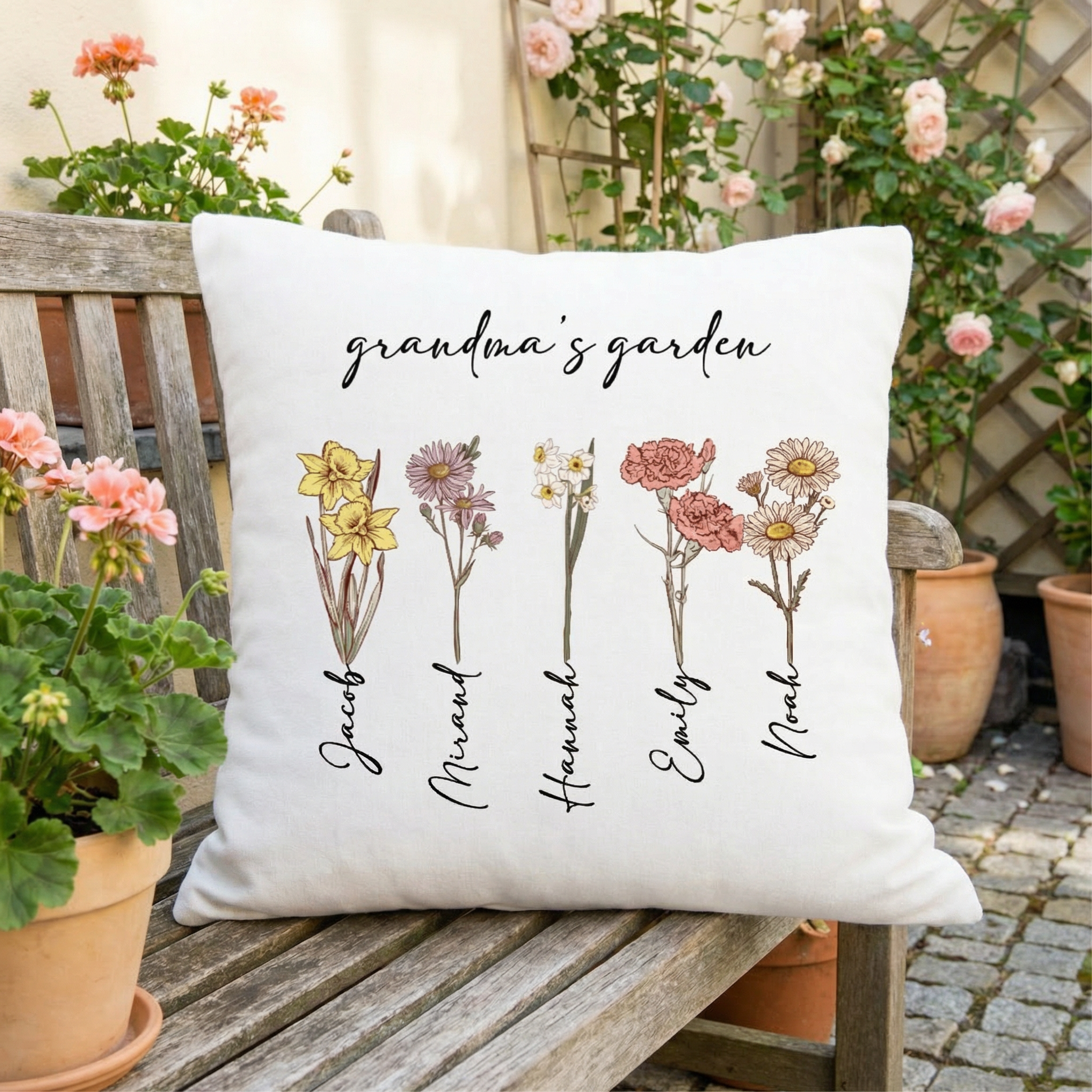 Personalized Grandma's Garden Pillow | Custom Birth Flower Design with Grandkids' Names | Gift for Mom
