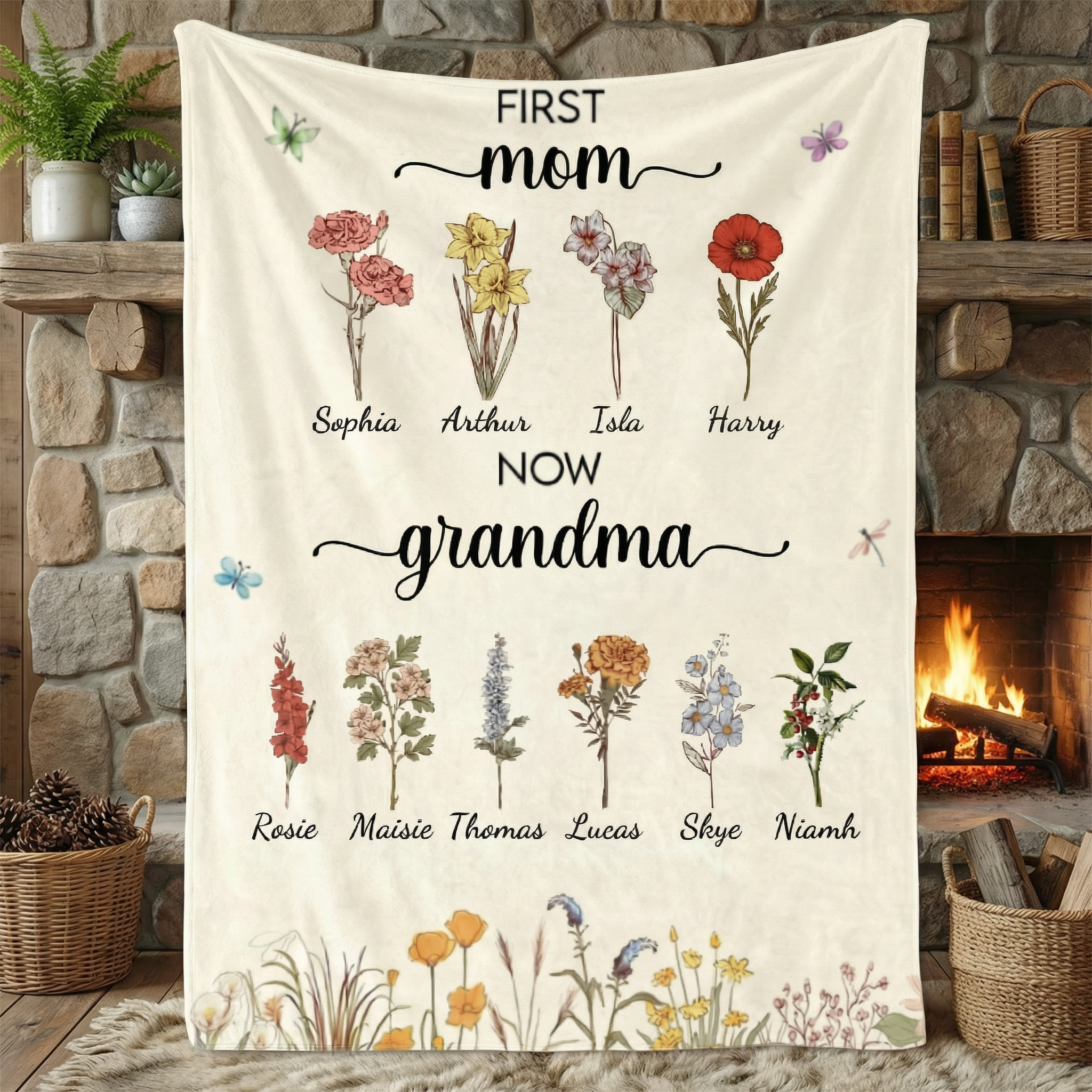 First Mom Now Grandma Gift | Personalized Birth Flower Blanket with Names | Mother's Day & Grandma Keepsake