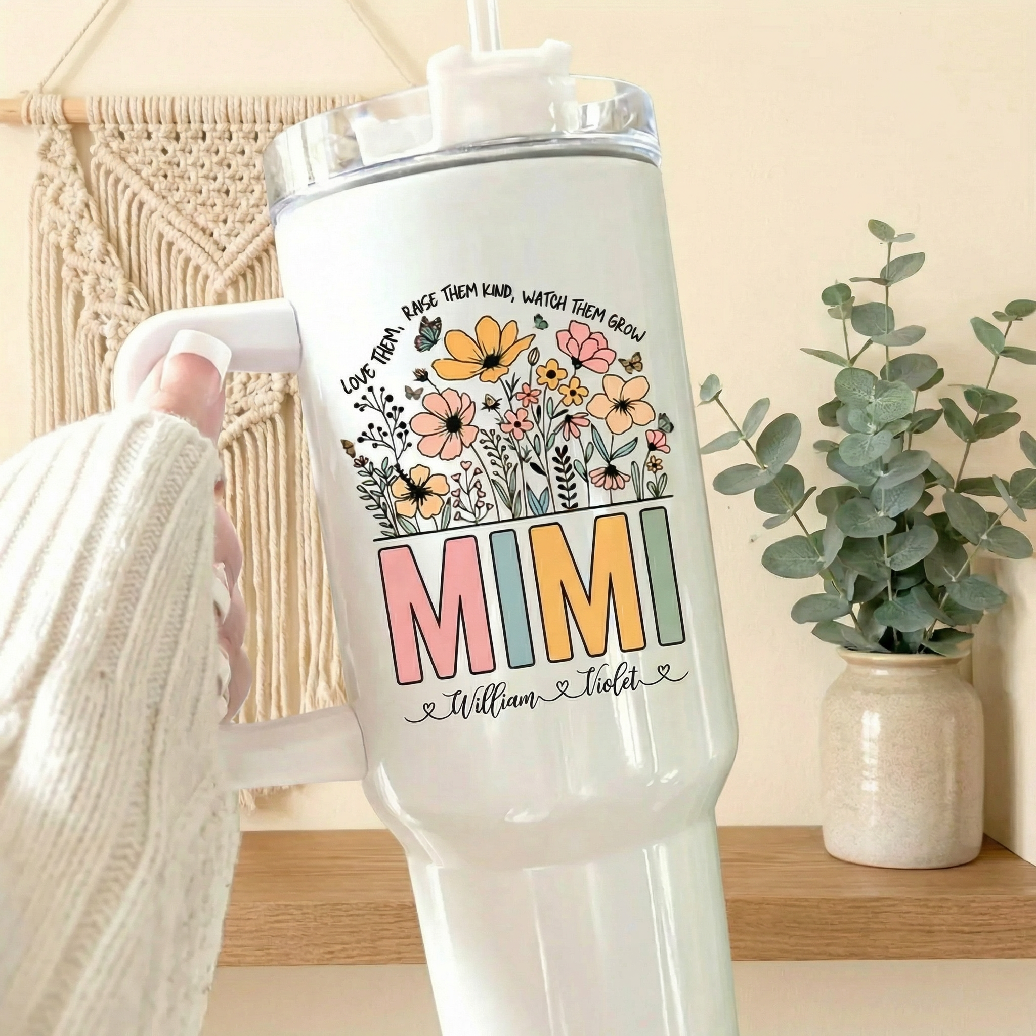 Personalized 'Mimi' Tumbler with Handle | Custom Travel Cup with Grandkids' Names | Mother's Day Gift for Grandma
