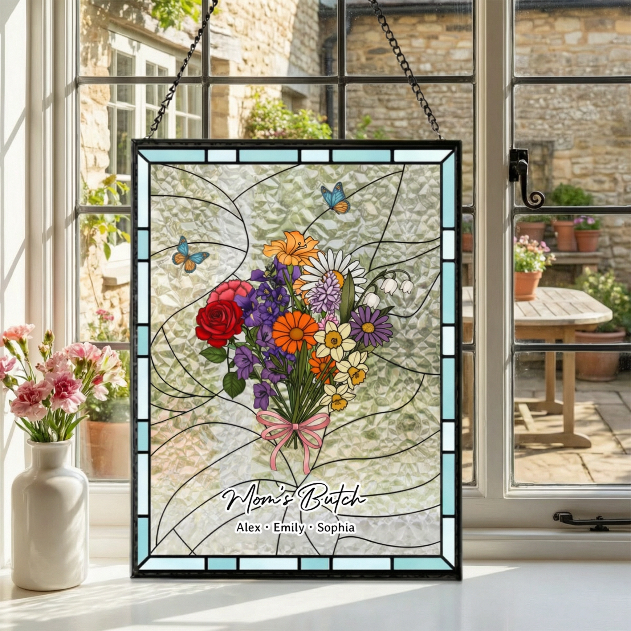 Personalized Family Birth Flower Suncatcher | Custom Stained Glass Window Hanging for Mom & Grandma