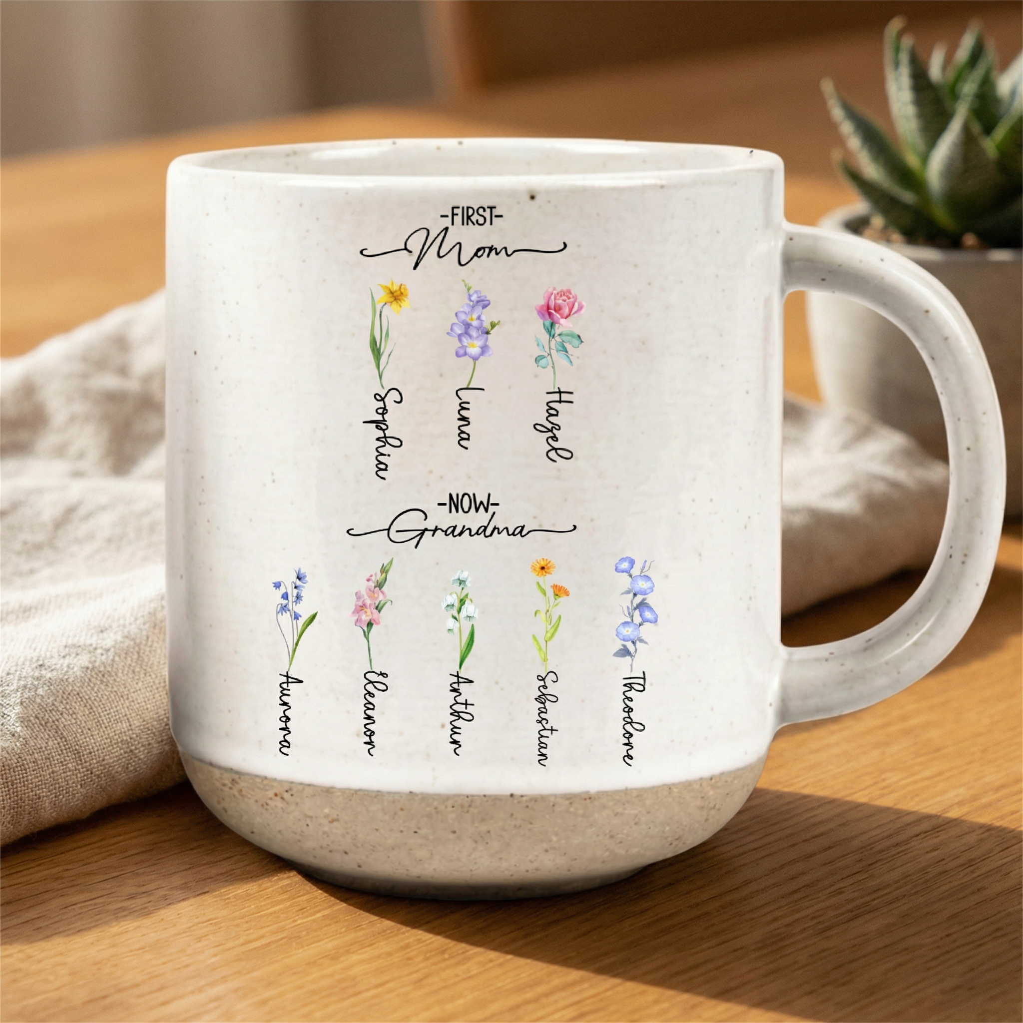 'First Mom, Now Grandma' Engraved Mug | Handcrafted Garden Design with Custom Birth Flowers | Mother's Day Keepsake